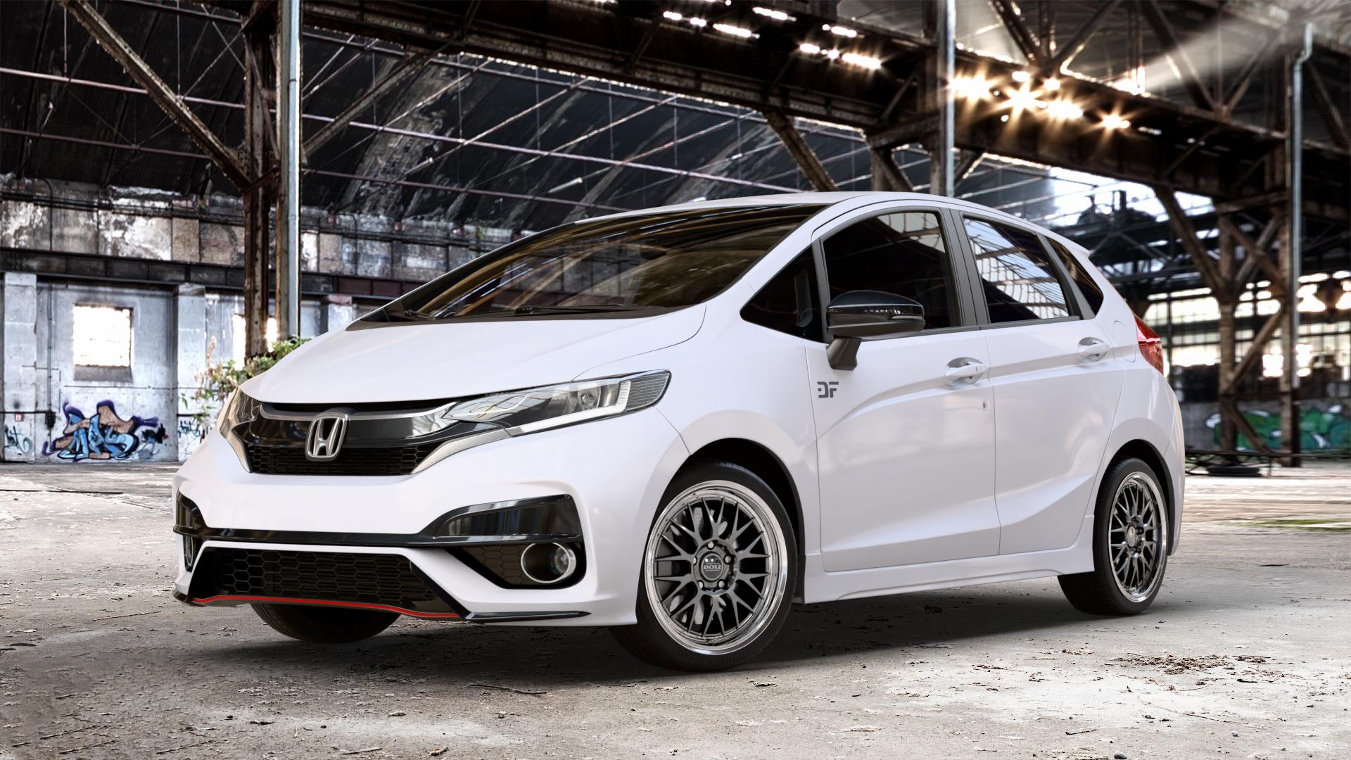 DOTZ BILBAO GUNMETAL/POLISHED LIP Felge mit Reifen grau silber mehrfarbig anthrazit in 17Zoll Winterfelge Alufelge auf weissem Honda Jazz IV (GK) Facelift ⬇️ mit 15mm Tieferlegung ⬇️ Old Industrial Hall_max_4400mm_2024 Frontansicht_1