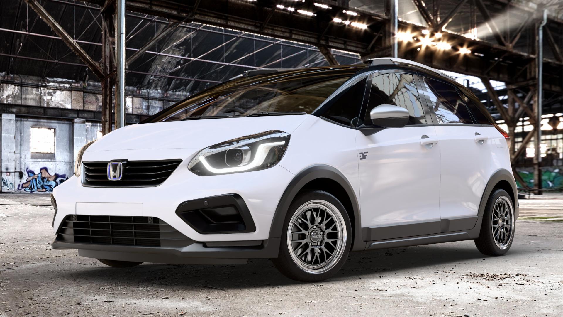DOTZ BILBAO GUNMETAL/POLISHED LIP Felge mit Reifen grau silber mehrfarbig anthrazit in 17Zoll Winterfelge Alufelge auf weissem Honda Jazz V Crosstar (GR) Facelift ⬇️ mit 15mm Tieferlegung ⬇️ Old Industrial Hall_max_4400mm_2024 Frontansicht_1