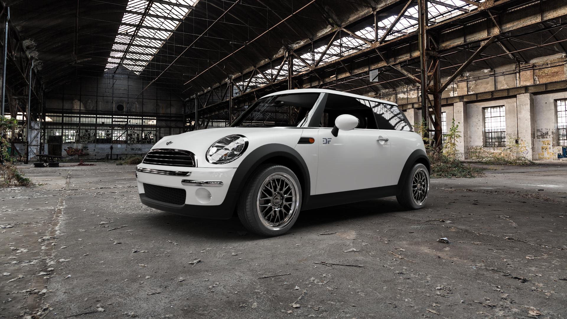 DOTZ BILBAO GUNMETAL/POLISHED LIP Felge mit Reifen grau silber mehrfarbig anthrazit in 17Zoll Winterfelge Alufelge auf weissem Mini R50/53 Typ MINI, MINI-N (Limousine) ⬇️ mit 15mm Tieferlegung ⬇️ Old Industrial Hall_max5000mm_2022 Frontansicht_1