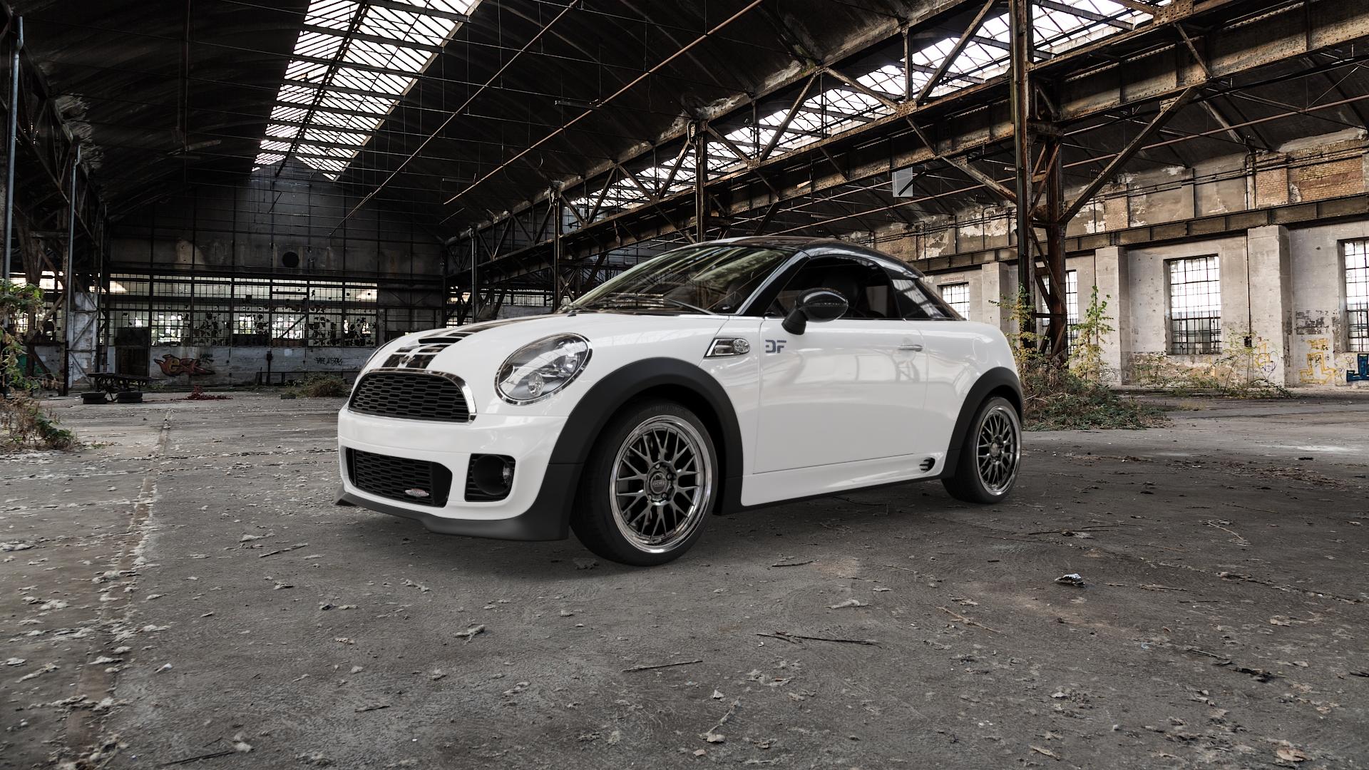 DOTZ BILBAO GUNMETAL/POLISHED LIP Felge mit Reifen grau silber mehrfarbig anthrazit in 17Zoll Winterfelge Alufelge auf weissem Mini R58 Typ UKL-C (Coupe) 1,6l Cooper 90kW (122 PS) S 135kW (184 2,0l SD 105kW (143 JCW 155kW (211 ⬇️ mit 15mm Tieferlegung ⬇️ Old Industrial Hall_max5000mm_2022 Frontansicht_1