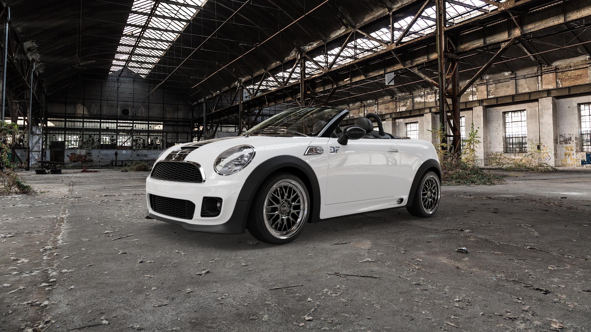 DOTZ BILBAO GUNMETAL/POLISHED LIP Felge mit Reifen grau silber mehrfarbig anthrazit in 17Zoll Winterfelge Alufelge auf weissem Mini R59 Typ UKL-C (Roadster) ⬇️ mit 15mm Tieferlegung ⬇️ Old Industrial Hall_max5000mm_2022 Frontansicht_1