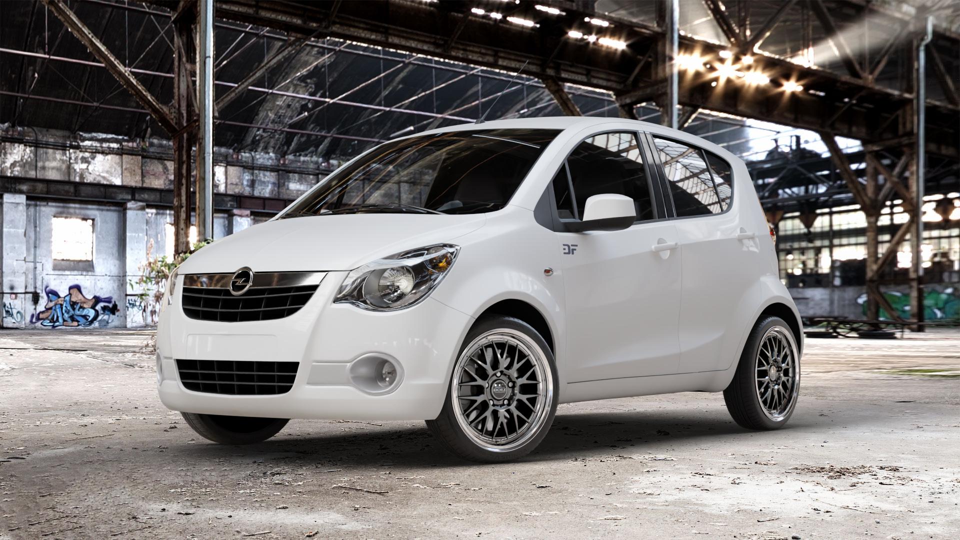 DOTZ BILBAO GUNMETAL/POLISHED LIP Felge mit Reifen grau silber mehrfarbig anthrazit in 17Zoll Winterfelge Alufelge auf weissem Opel Agila Typ H-B ⬇️ mit 15mm Tieferlegung ⬇️ Old Industrial Hall_max_4400mm_2024 Frontansicht_1