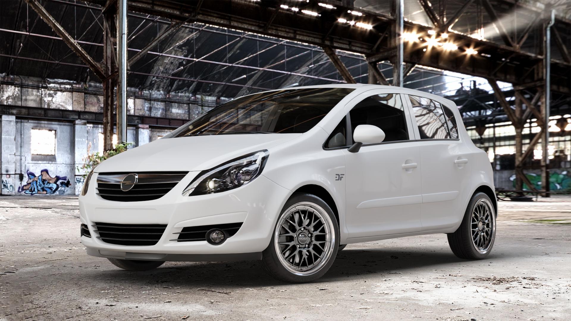DOTZ BILBAO GUNMETAL/POLISHED LIP Felge mit Reifen grau silber mehrfarbig anthrazit in 17Zoll Winterfelge Alufelge auf weissem Opel Corsa D Typ S-D ⬇️ mit 15mm Tieferlegung ⬇️ Old Industrial Hall_max_4400mm_2024 Frontansicht_1