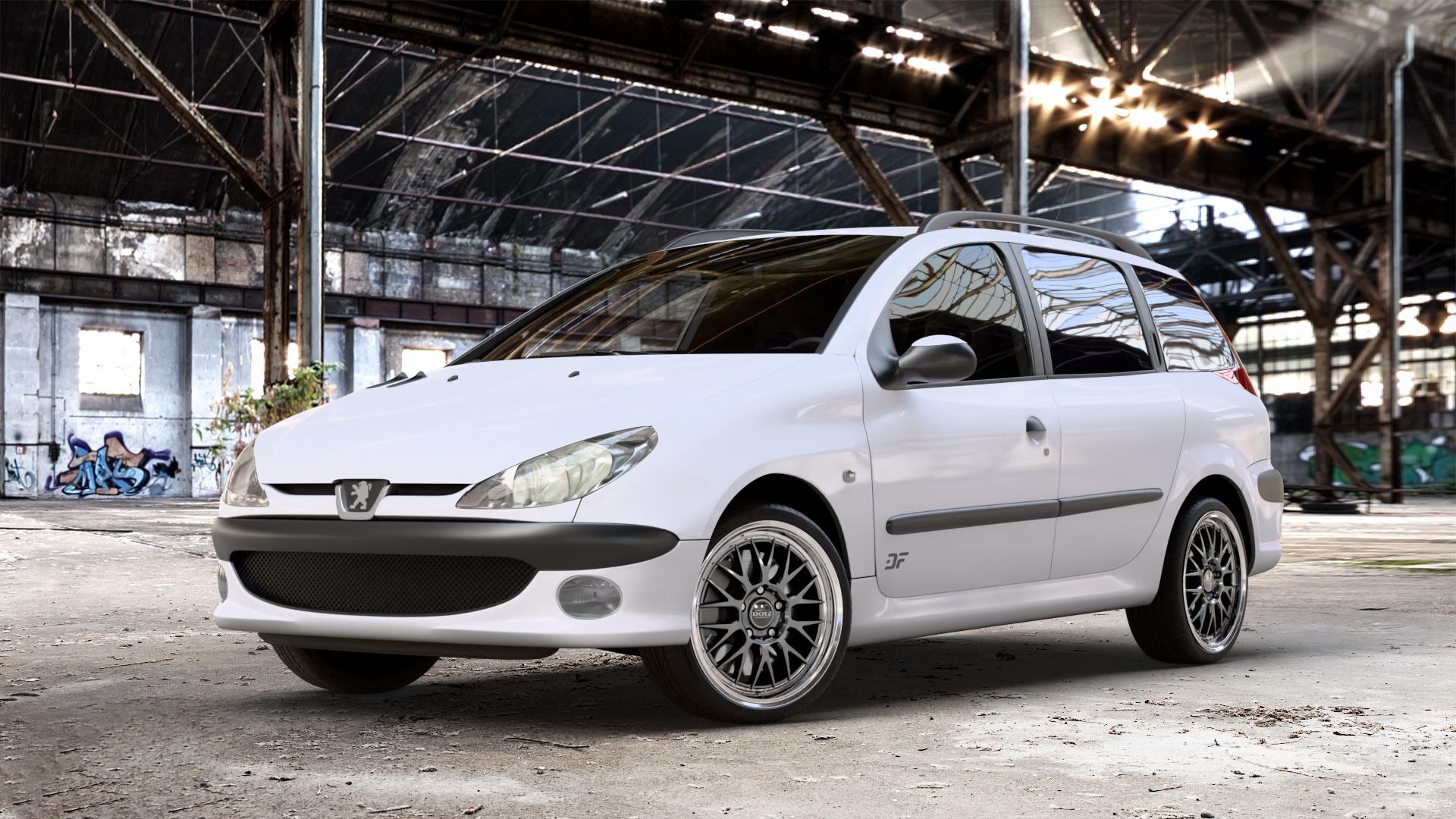 DOTZ BILBAO GUNMETAL/POLISHED LIP Felge mit Reifen grau silber mehrfarbig anthrazit in 17Zoll Winterfelge Alufelge auf weissem Peugeot 206 SW 1,4l 55kW (75 PS) 65kW (88 1,6l 80kW (109 2,0l 100kW (136 HDi 66kW (90 50kW (68 1,1l 44kW (60 ⬇️ mit 15mm Tieferlegung ⬇️ Old Industrial Hall_max_4400mm_2024 Frontansicht_1