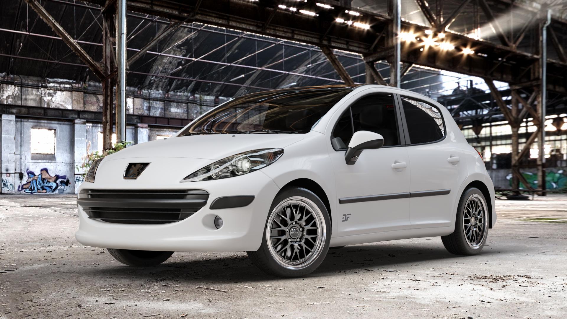 DOTZ BILBAO GUNMETAL/POLISHED LIP Felge mit Reifen grau silber mehrfarbig anthrazit in 17Zoll Winterfelge Alufelge auf weissem Peugeot 207 SW Facelift ⬇️ mit 15mm Tieferlegung ⬇️ Old Industrial Hall_max_4400mm_2024 Frontansicht_1