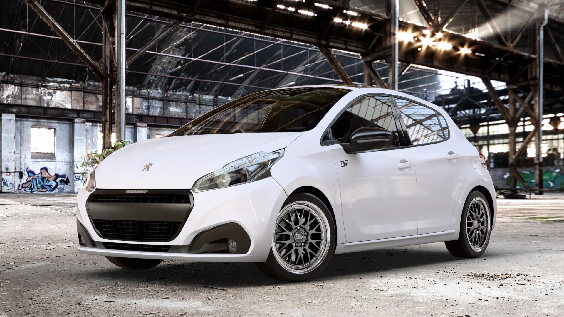 DOTZ BILBAO GUNMETAL/POLISHED LIP Felge mit Reifen grau silber mehrfarbig anthrazit in 17Zoll Winterfelge Alufelge auf weissem Peugeot 208 Typ C Facelift ⬇️ mit 15mm Tieferlegung ⬇️ Old Industrial Hall_max_4400mm_2024 Frontansicht_1