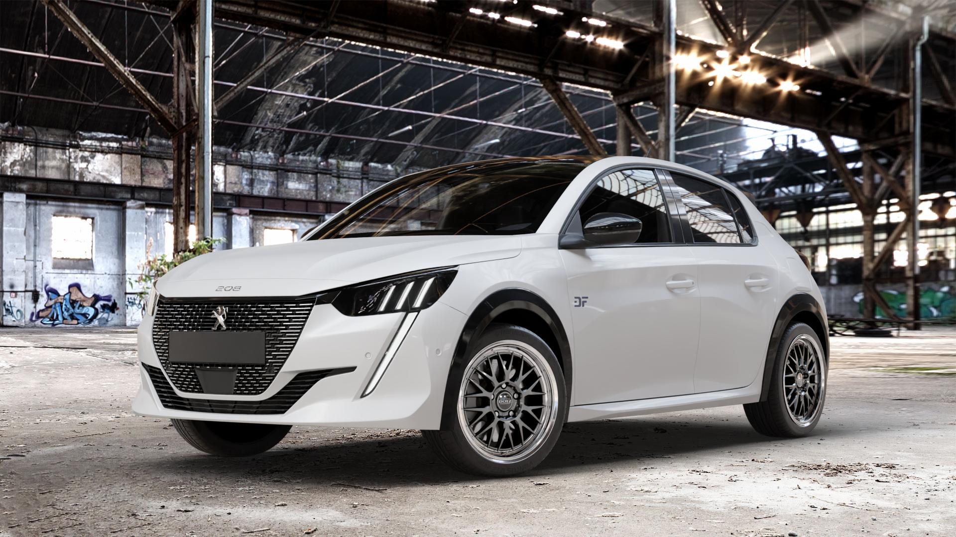 DOTZ BILBAO GUNMETAL/POLISHED LIP Felge mit Reifen grau silber mehrfarbig anthrazit in 17Zoll Winterfelge Alufelge auf weissem Peugeot 208 Typ U ⬇️ mit 15mm Tieferlegung ⬇️ Old Industrial Hall_max_4400mm_2024 Frontansicht_1