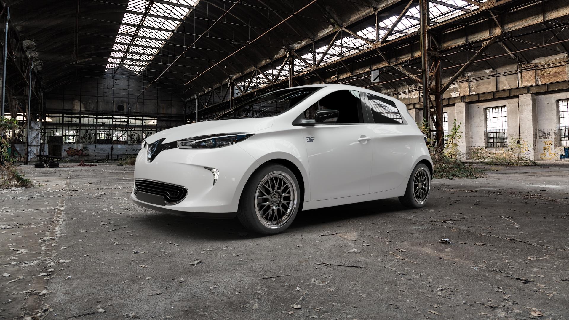 DOTZ BILBAO GUNMETAL/POLISHED LIP Felge mit Reifen grau silber mehrfarbig anthrazit in 17Zoll Winterfelge Alufelge auf weissem Renault ZOE Typ AG ⬇️ mit 15mm Tieferlegung ⬇️ Old Industrial Hall_max5000mm_2022 Frontansicht_1