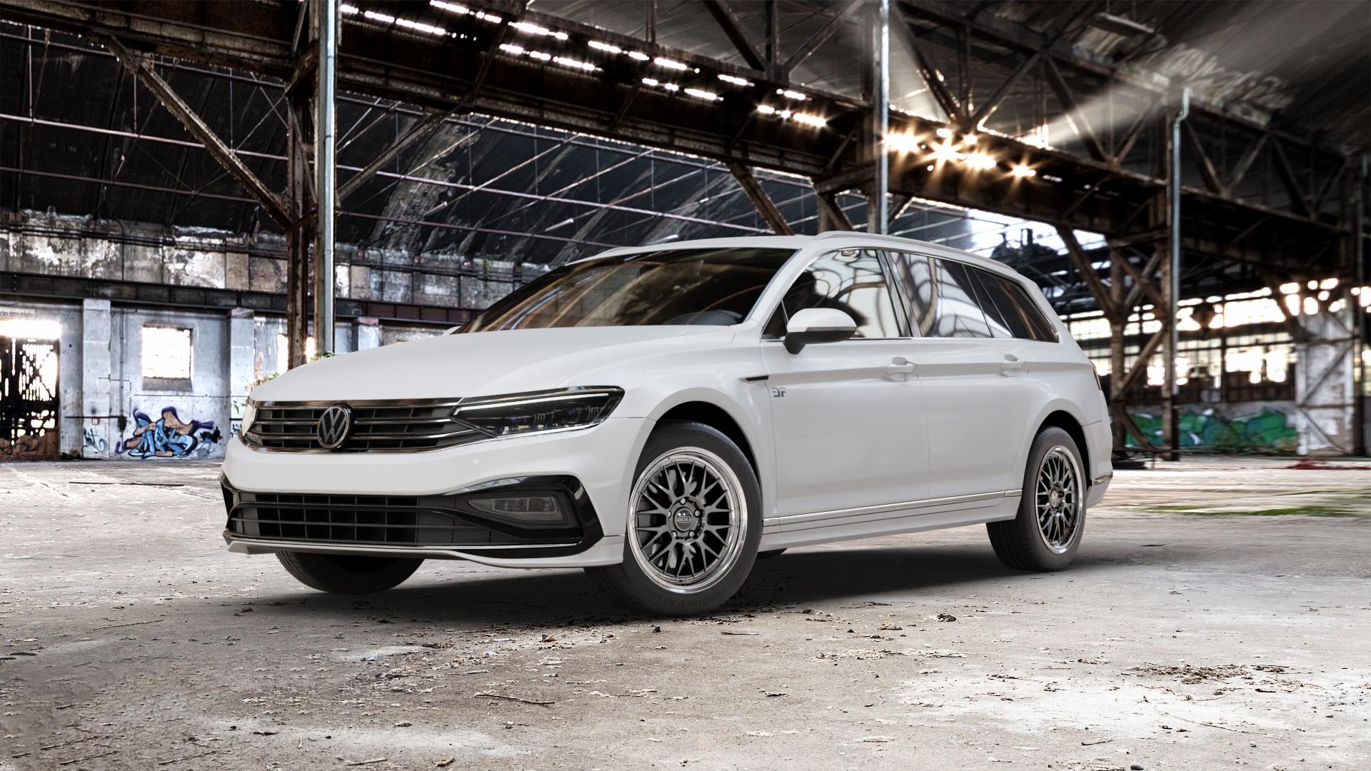 DOTZ BILBAO GUNMETAL/POLISHED LIP Felge mit Reifen grau silber mehrfarbig anthrazit in 17Zoll Winterfelge Alufelge auf weissem Volkswagen (VW) Passat 3C/B8 Variant Facelift ⬇️ mit 15mm Tieferlegung ⬇️ Old Industrial Hall_max_5300mm_2024 Frontansicht_1