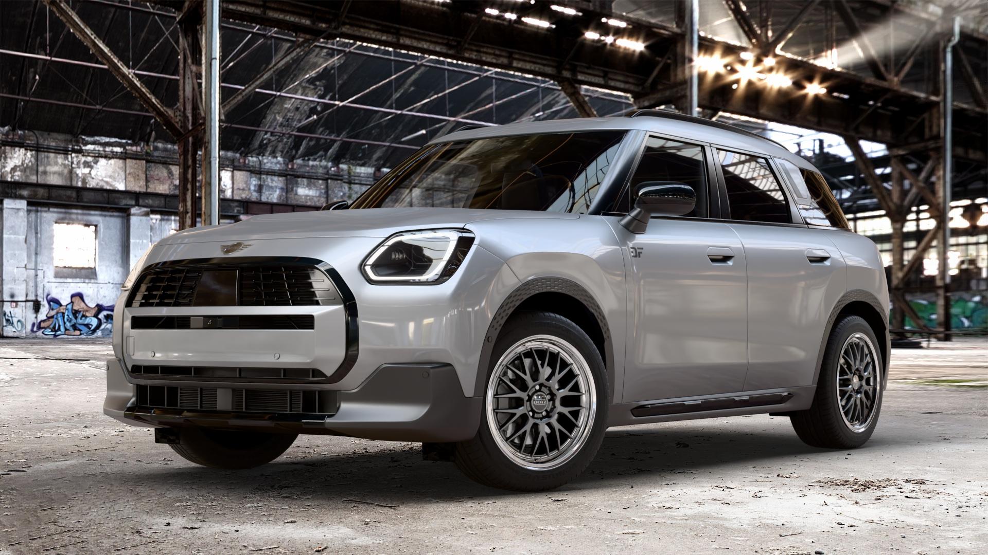 DOTZ BILBAO GUNMETAL/POLISHED LIP Felge mit Reifen grau silber mehrfarbig anthrazit in 18Zoll Winterfelge Alufelge auf metallic silbernem Mini U25 Typ UMX (Countryman) 1,5l C 100kW Mild-Hybrid (136 PS) 115kW (156 2,0l JCW ALL4 221kW (300 D 110kW (150 0,0l E 68kW (92 S 150kW (204 SE 104kW ⬇️ mit 15mm Tieferlegung ⬇️ Old Industrial Hall_max_4400mm_2024 Frontansicht_1