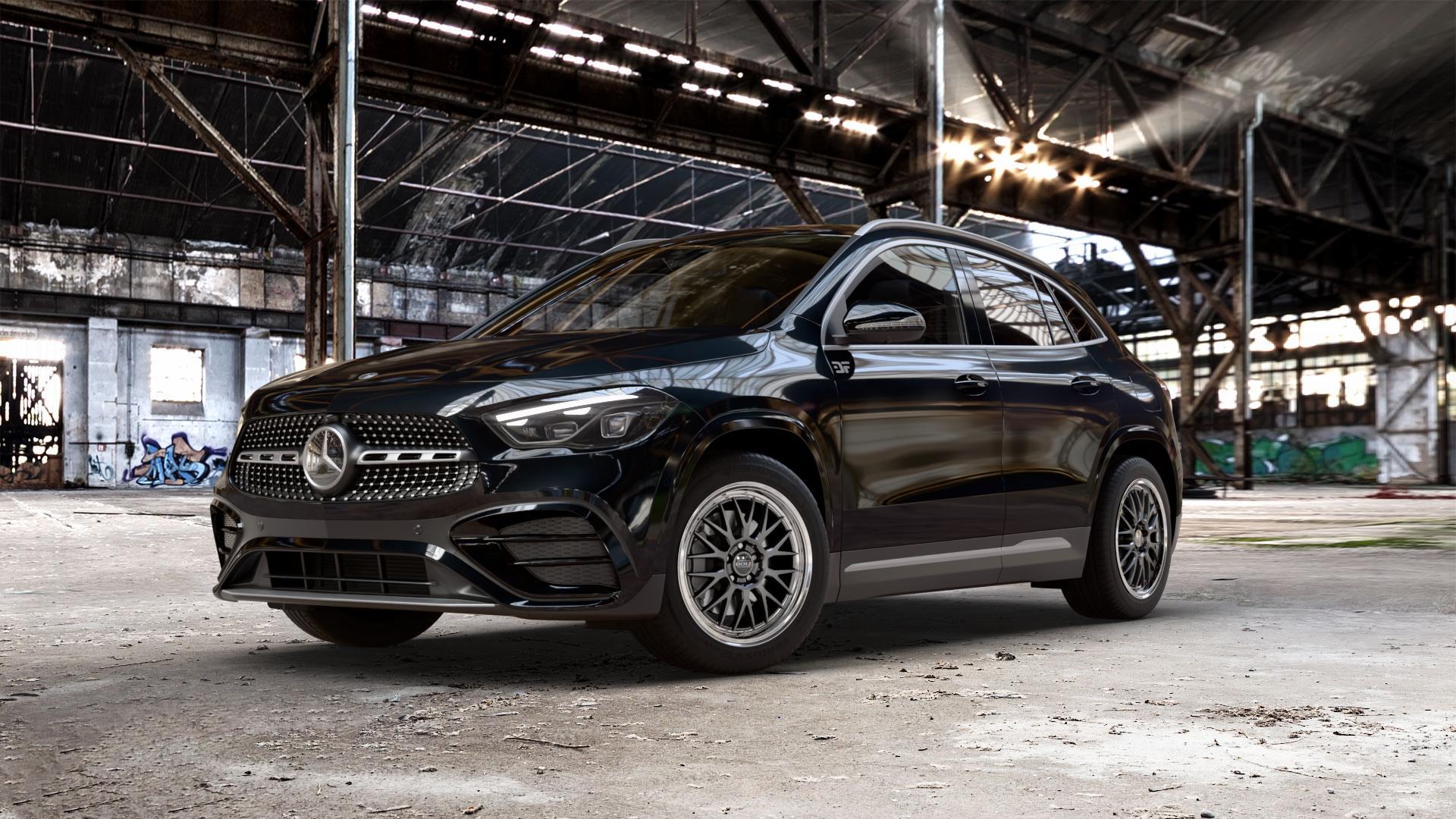 DOTZ BILBAO GUNMETAL/POLISHED LIP Felge mit Reifen grau silber mehrfarbig anthrazit in 18Zoll Winterfelge Alufelge auf schwarzem metallic Mercedes GLA-Klasse Typ F2B Facelift ⬇️ mit 15mm Tieferlegung ⬇️ Old Industrial Hall_max_5300mm_2024 Frontansicht_1
