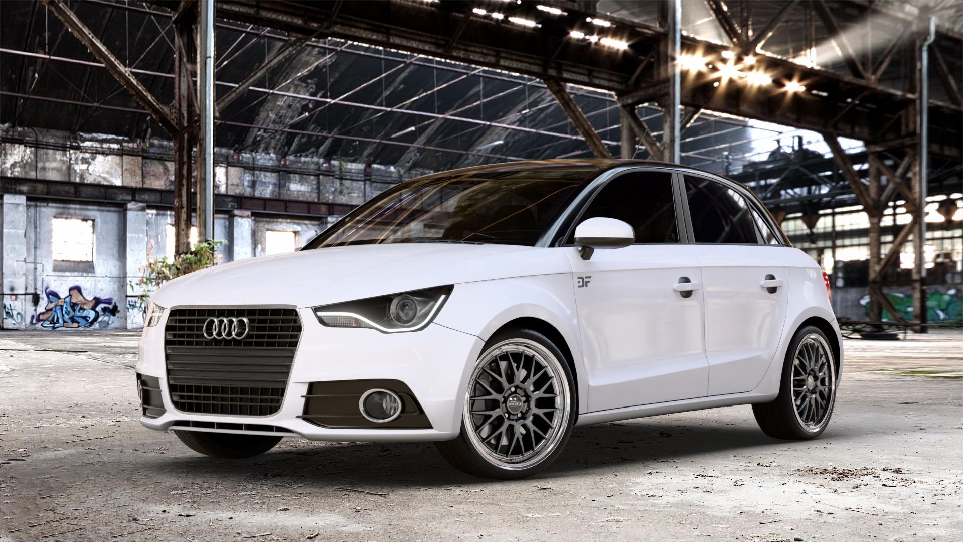 DOTZ BILBAO GUNMETAL/POLISHED LIP Felge mit Reifen grau silber mehrfarbig anthrazit in 18Zoll Winterfelge Alufelge auf weissem Audi A1 Typ 8X (Sportback) Facelift ⬇️ mit 15mm Tieferlegung ⬇️ Old Industrial Hall_max_4400mm_2024 Frontansicht_1