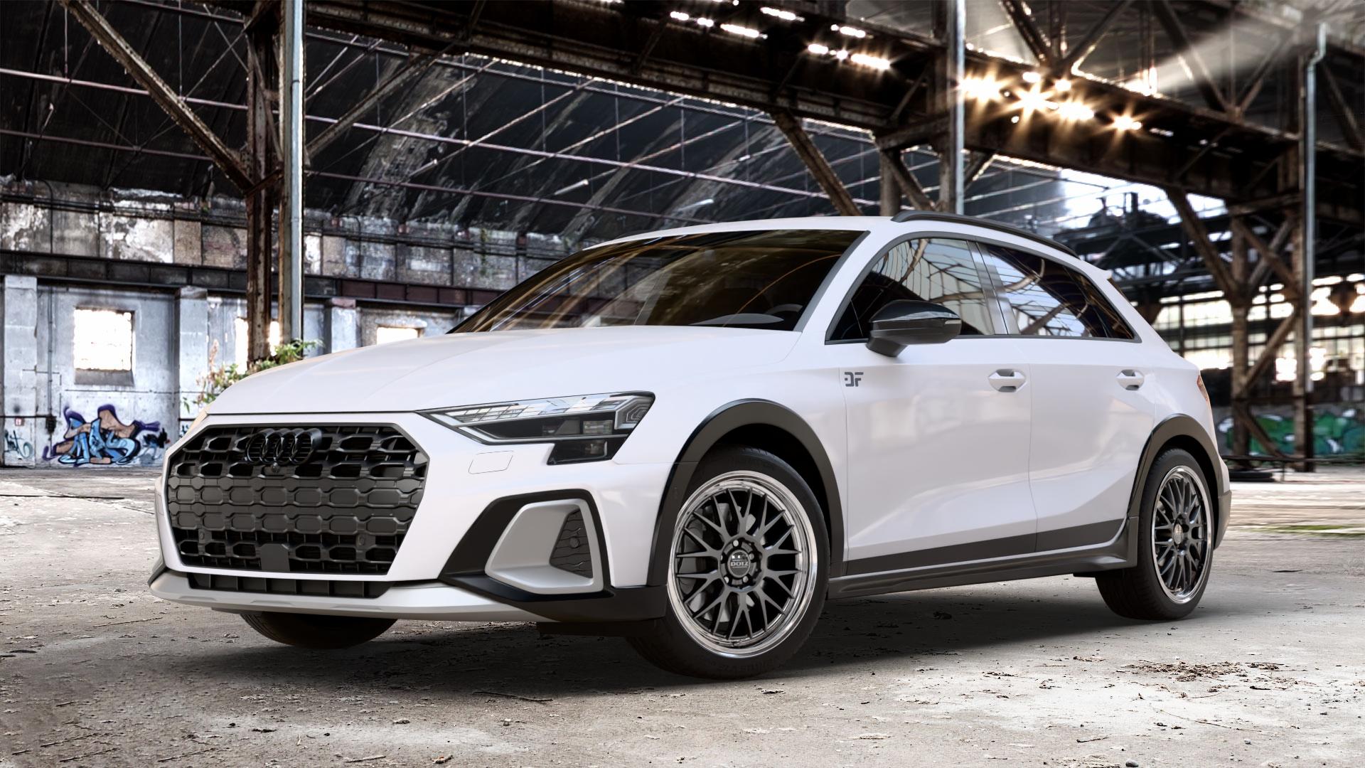 DOTZ BILBAO GUNMETAL/POLISHED LIP Felge mit Reifen grau silber mehrfarbig anthrazit in 18Zoll Winterfelge Alufelge auf weissem Audi A3 Typ GY (Allstreet) ⬇️ mit 15mm Tieferlegung ⬇️ Old Industrial Hall_max_4400mm_2024 Frontansicht_1