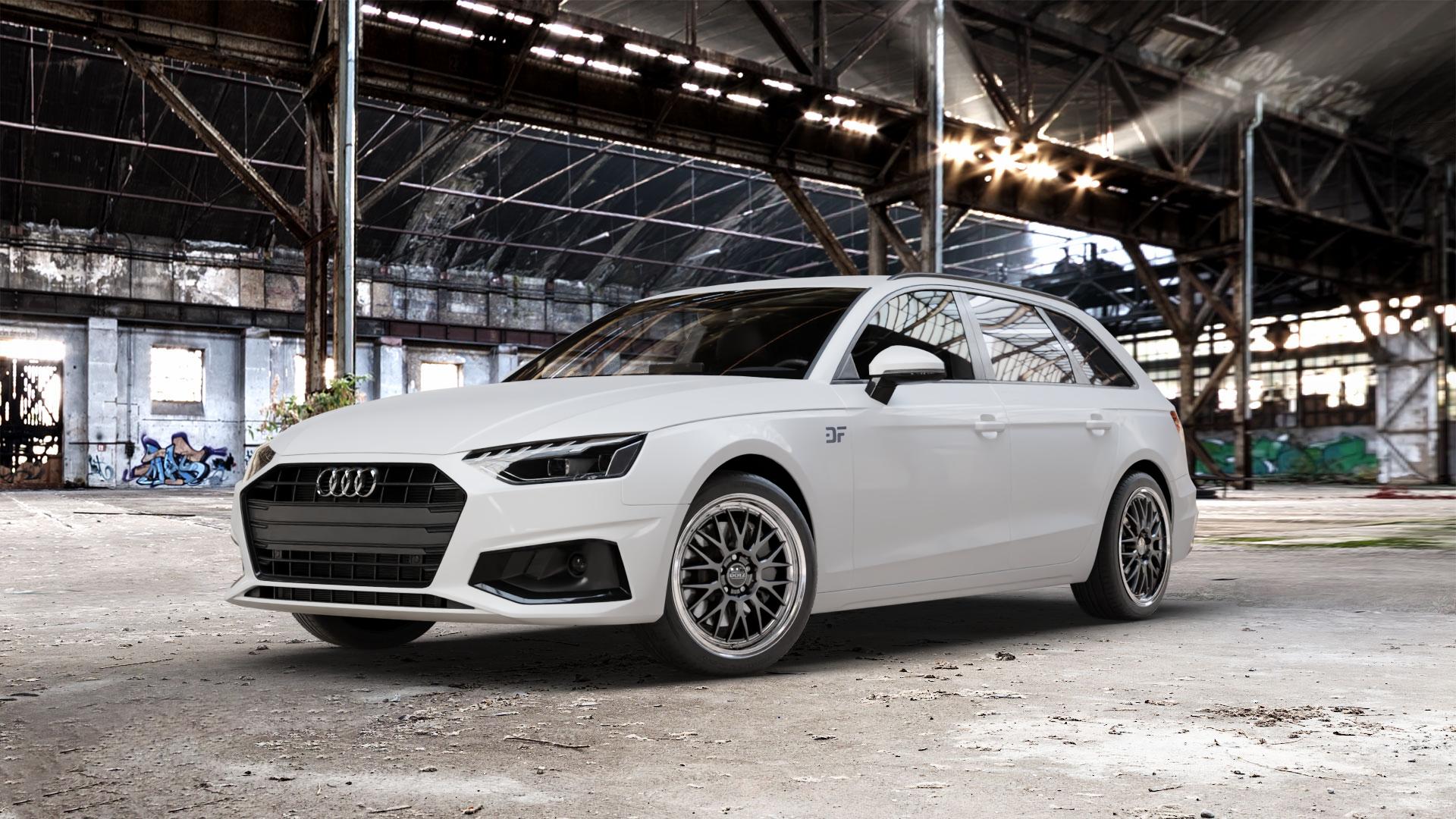 DOTZ BILBAO GUNMETAL/POLISHED LIP Felge mit Reifen grau silber mehrfarbig anthrazit in 18Zoll Winterfelge Alufelge auf weissem Audi A4 Typ B9 (Avant) Facelift ⬇️ mit 15mm Tieferlegung ⬇️ Old Industrial Hall_max_5300mm_2024 Frontansicht_1