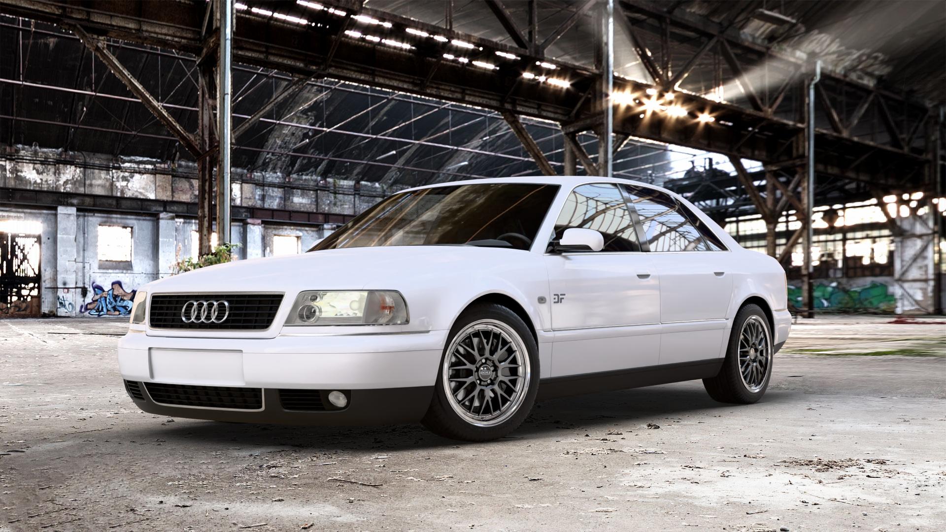 DOTZ BILBAO GUNMETAL/POLISHED LIP Felge mit Reifen grau silber mehrfarbig anthrazit in 18Zoll Winterfelge Alufelge auf weissem Audi A8 Typ D2/4D 2,8l 128kW (174 PS) 142kW (193 2,5l TDI 110kW (150 132kW (179 quattro ⬇️ mit 15mm Tieferlegung ⬇️ Old Industrial Hall_max_5300mm_2024 Frontansicht_1