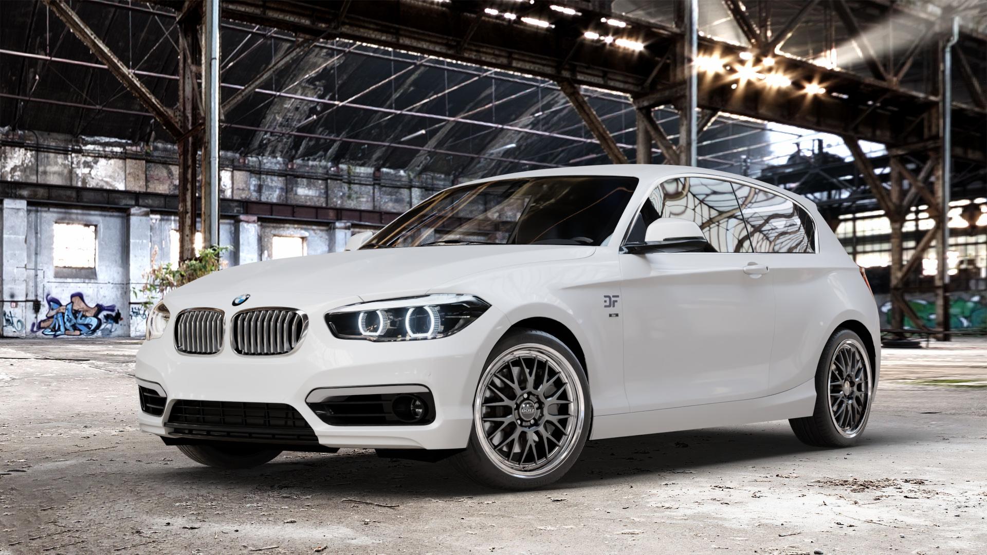DOTZ BILBAO GUNMETAL/POLISHED LIP Felge mit Reifen grau silber mehrfarbig anthrazit in 18Zoll Winterfelge Alufelge auf weissem BMW 114i Typ F21 116i 118i 125i 114d 116d 118d 120d 125d xDrive Facelift EffDyn Edition 1er Dreitürer (1K2) ⬇️ mit 15mm Tieferlegung ⬇️ Old Industrial Hall_max_4400mm_2024 Frontansicht_1