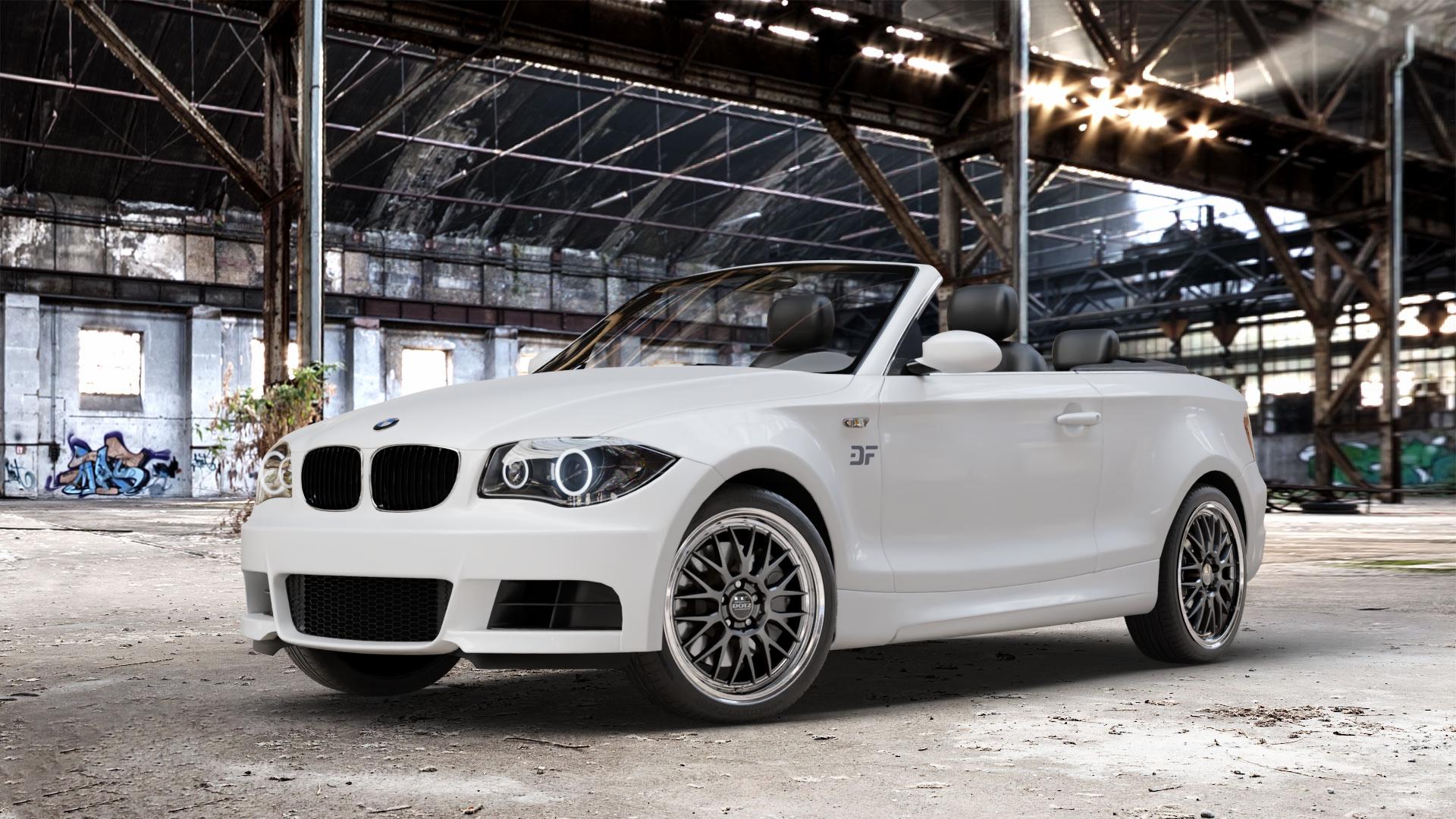 DOTZ BILBAO GUNMETAL/POLISHED LIP Felge mit Reifen grau silber mehrfarbig anthrazit in 18Zoll Winterfelge Alufelge auf weissem BMW 118i Typ E88 (Cabriolet) 120d 120i 125i 135i 123d 118d 1er Cabrio (182, 1C) ⬇️ mit 15mm Tieferlegung ⬇️ Old Industrial Hall_max_4400mm_2024 Frontansicht_1