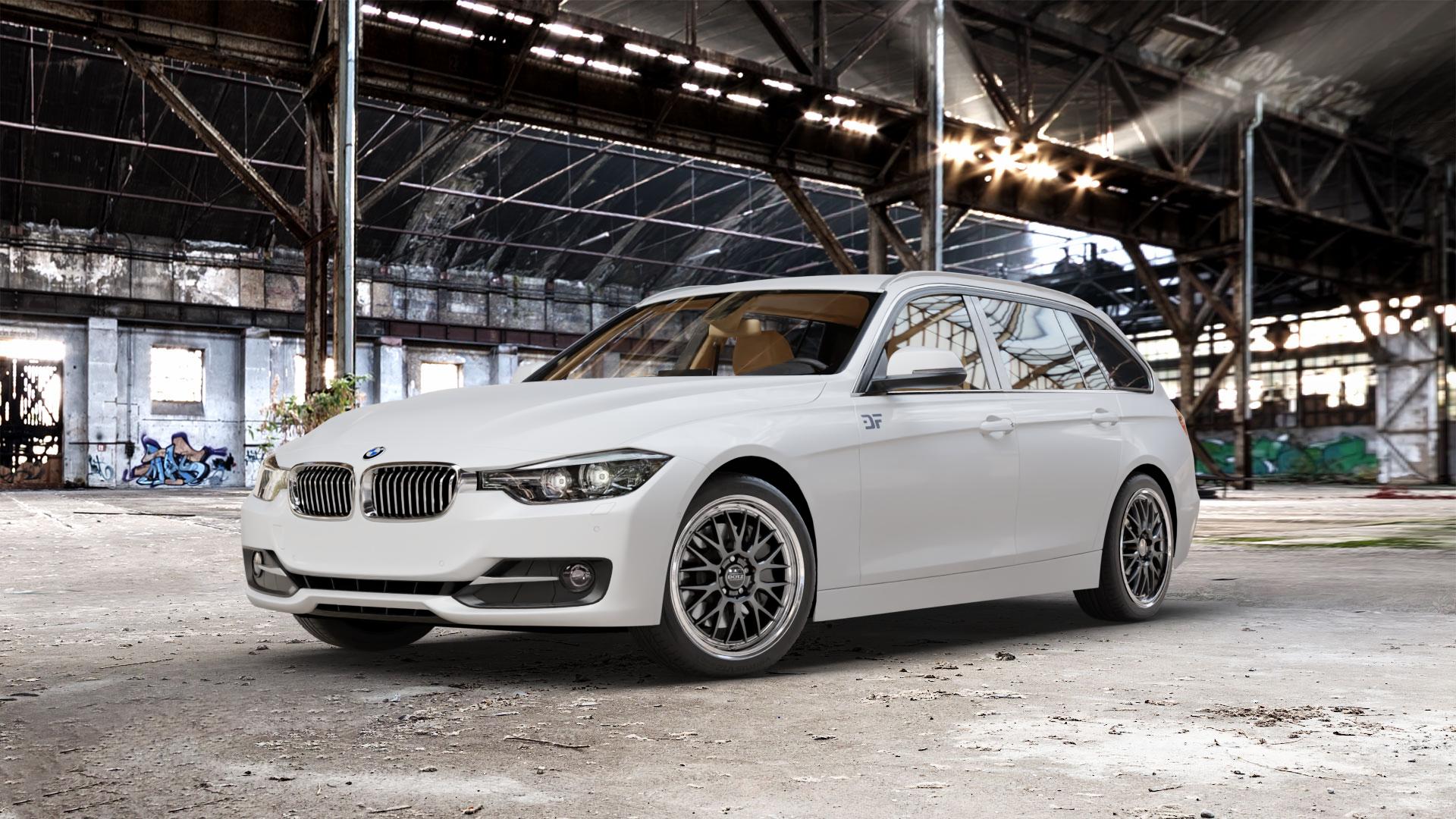 DOTZ BILBAO GUNMETAL/POLISHED LIP Felge mit Reifen grau silber mehrfarbig anthrazit in 18Zoll Winterfelge Alufelge auf weissem BMW 320i Typ F31 (Touring) 328i 316d 318d 320d 316i EffDyn Edition 325d 335i xDrive 335d ⬇️ mit 15mm Tieferlegung ⬇️ Old Industrial Hall_max_5300mm_2024 Frontansicht_1