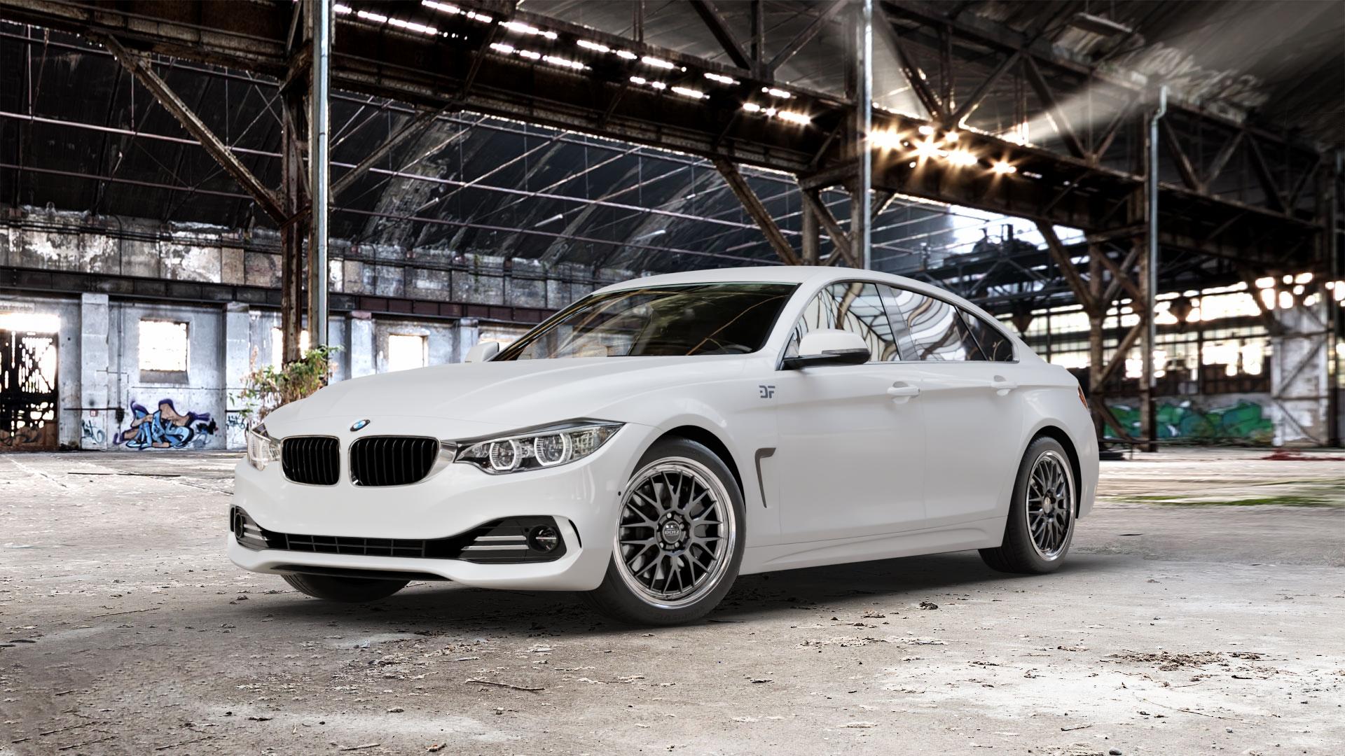 DOTZ BILBAO GUNMETAL/POLISHED LIP Felge mit Reifen grau silber mehrfarbig anthrazit in 18Zoll Winterfelge Alufelge auf weissem BMW 418d Typ F36 (Gran Coupe) 420d xDrive 420i 428i 435i 430d 440i 418i 430i 425d 4er Gran Coupe (3C) ⬇️ mit 15mm Tieferlegung ⬇️ Old Industrial Hall_max_5300mm_2024 Frontansicht_1
