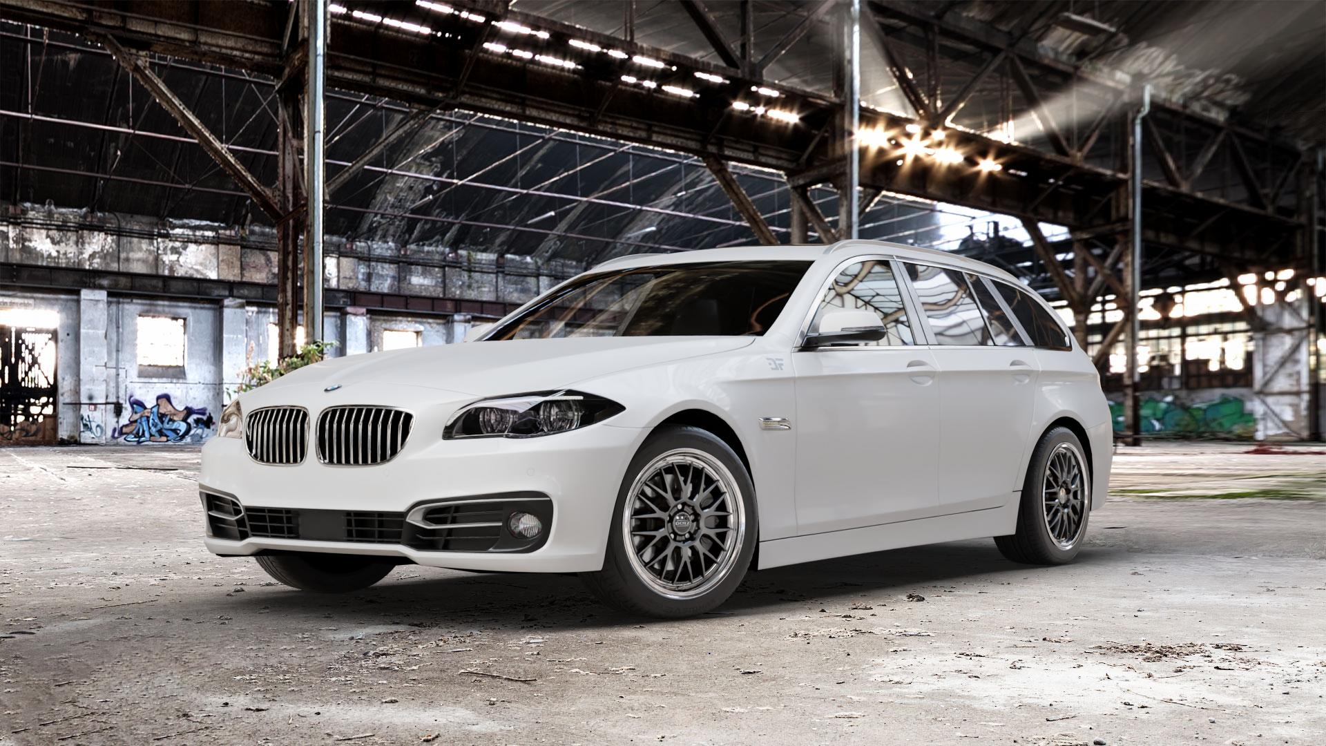 DOTZ BILBAO GUNMETAL/POLISHED LIP Felge mit Reifen grau silber mehrfarbig anthrazit in 18Zoll Winterfelge Alufelge auf weissem BMW 523i Typ F11 (Touring) 535i 520d 530d 528i xDrive 530i 550i 520i 525d 535d 518d 5er Touring (5K, K-N1) ⬇️ mit 15mm Tieferlegung ⬇️ Old Industrial Hall_max_5300mm_2024 Frontansicht_1