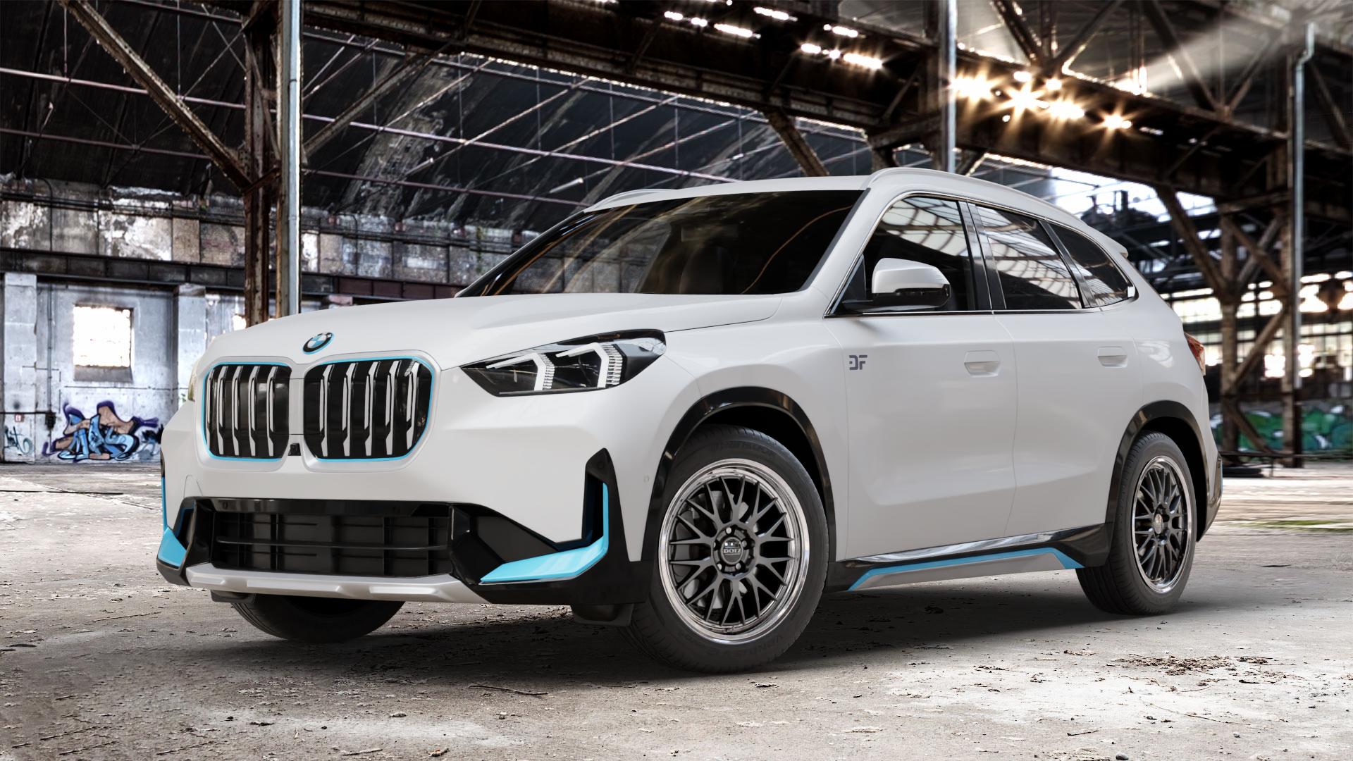 DOTZ BILBAO GUNMETAL/POLISHED LIP Felge mit Reifen grau silber mehrfarbig anthrazit in 18Zoll Winterfelge Alufelge auf weissem BMW iX1 (U1X) ⬇️ mit 15mm Tieferlegung ⬇️ Old Industrial Hall_max_4400mm_2024 Frontansicht_1