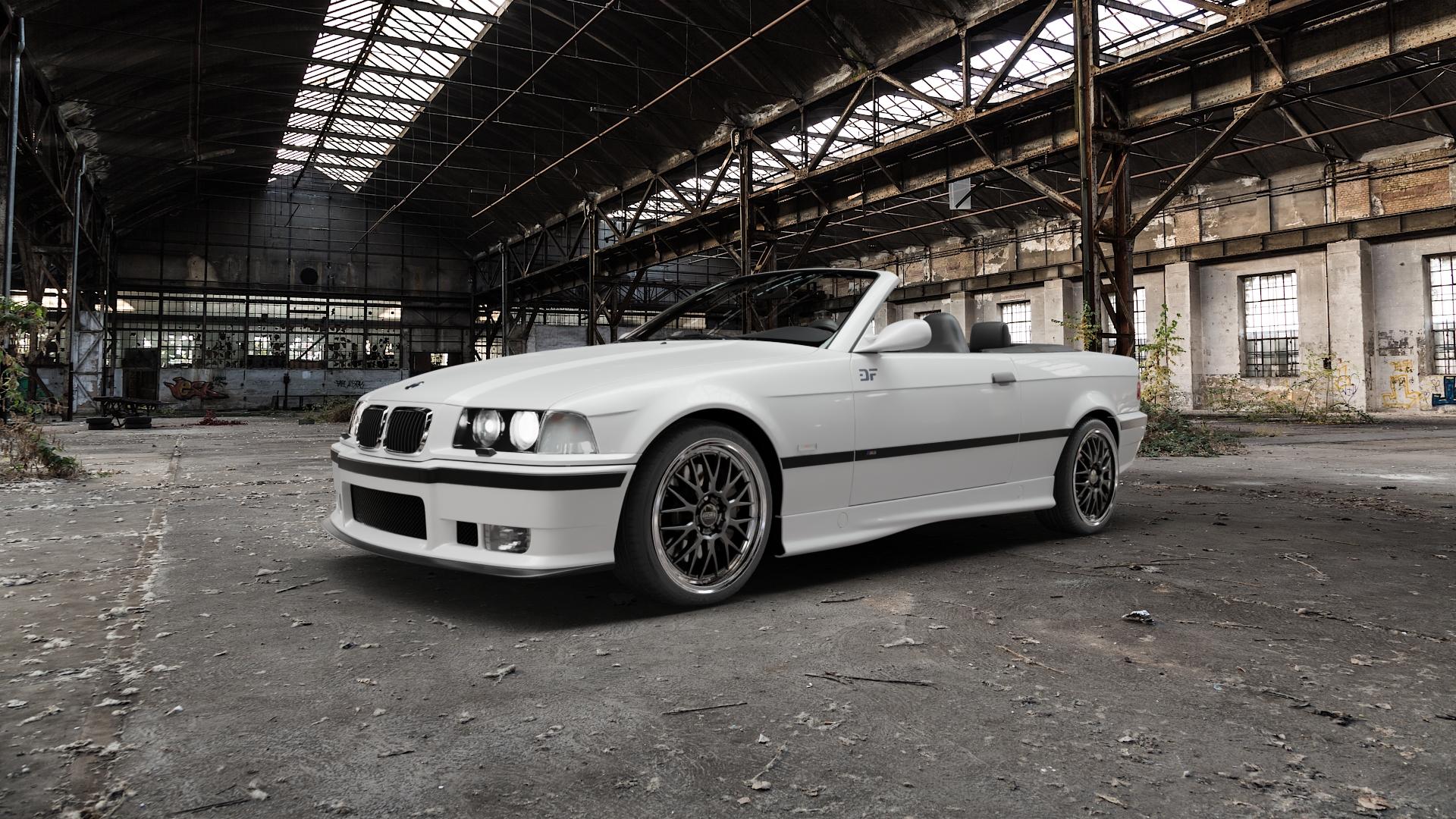 DOTZ BILBAO GUNMETAL/POLISHED LIP Felge mit Reifen grau silber mehrfarbig anthrazit in 18Zoll Winterfelge Alufelge auf weissem BMW M3 Typ E36 (Cabrio) ⬇️ mit 15mm Tieferlegung ⬇️ Old Industrial Hall_max5000mm_2022 Frontansicht_1