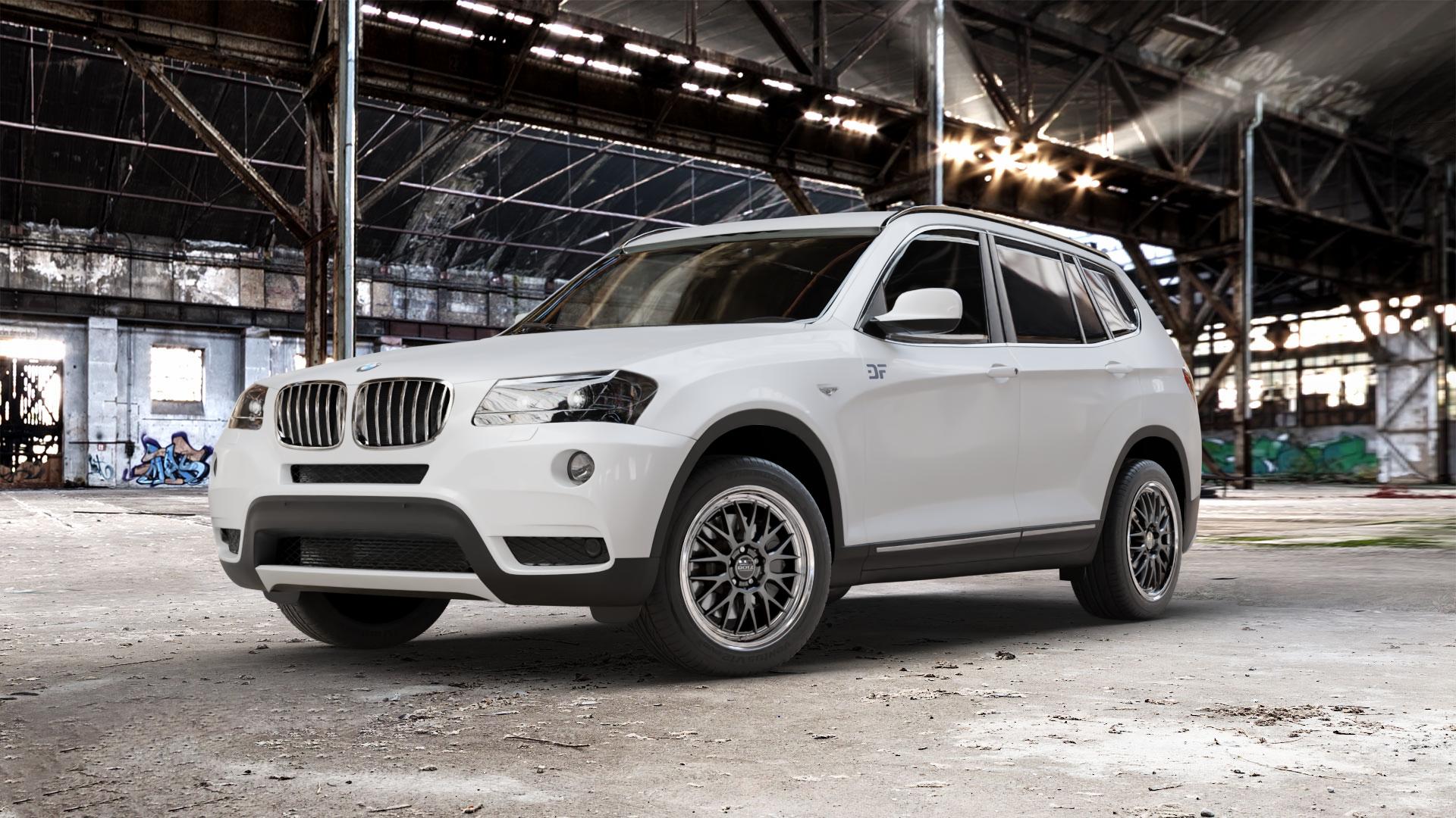 DOTZ BILBAO GUNMETAL/POLISHED LIP Felge mit Reifen grau silber mehrfarbig anthrazit in 18Zoll Winterfelge Alufelge auf weissem BMW X3 Typ F25 (X3, X-N1) ⬇️ mit 15mm Tieferlegung ⬇️ Old Industrial Hall_max_5300mm_2024 Frontansicht_1
