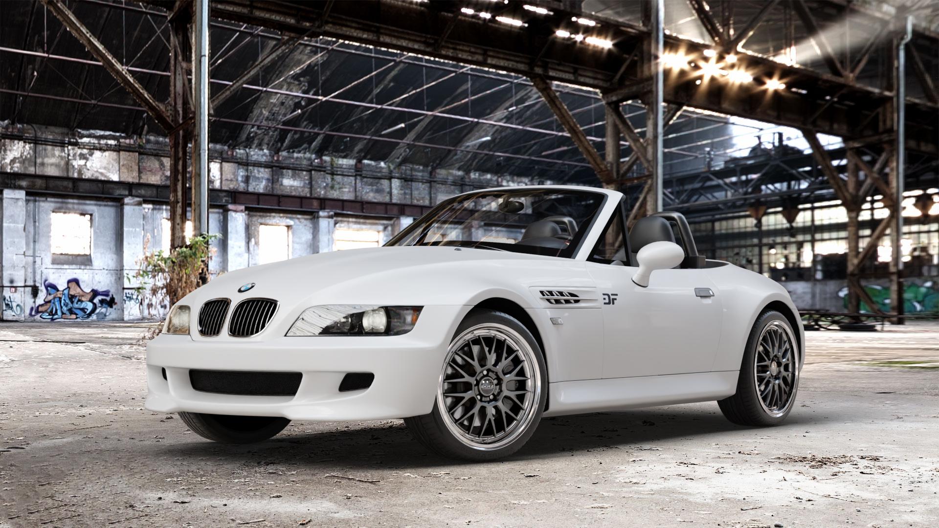DOTZ BILBAO GUNMETAL/POLISHED LIP Felge mit Reifen grau silber mehrfarbig anthrazit in 18Zoll Winterfelge Alufelge auf weissem BMW Z3 Roadster Typ E36/7(S) (R/C) ⬇️ mit 15mm Tieferlegung ⬇️ Old Industrial Hall_max_4400mm_2024 Frontansicht_1