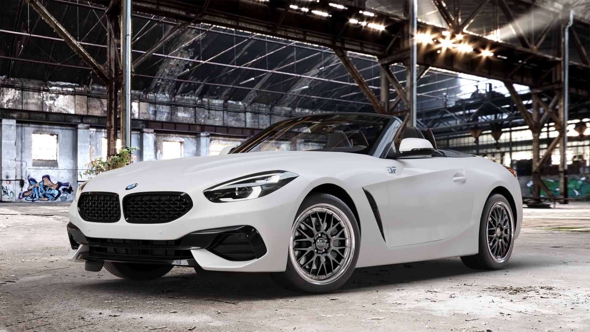 DOTZ BILBAO GUNMETAL/POLISHED LIP Felge mit Reifen grau silber mehrfarbig anthrazit in 18Zoll Winterfelge Alufelge auf weissem BMW Z4 Roadster Typ G29 (G4Z) Z1 Z8 ⬇️ mit 15mm Tieferlegung ⬇️ Old Industrial Hall_max_4400mm_2024 Frontansicht_1