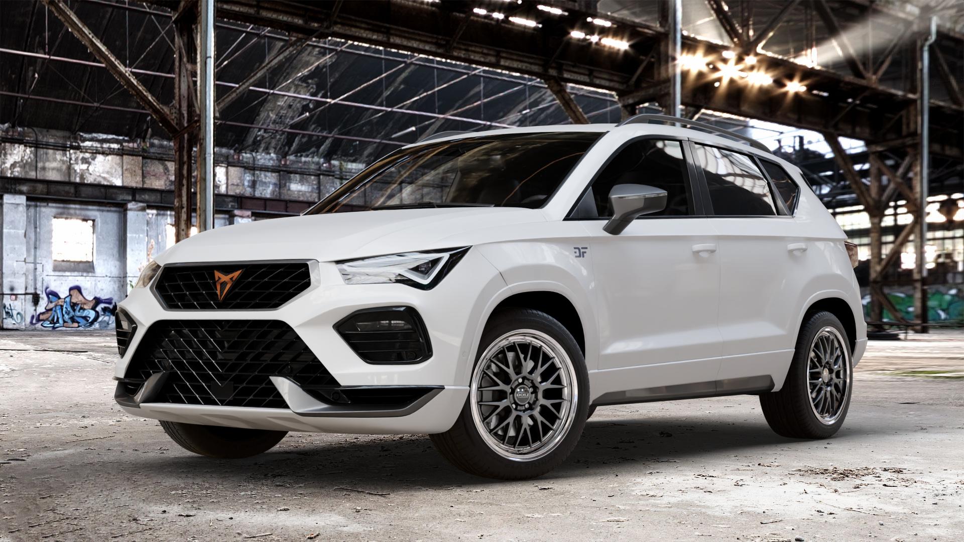 DOTZ BILBAO GUNMETAL/POLISHED LIP Felge mit Reifen grau silber mehrfarbig anthrazit in 18Zoll Winterfelge Alufelge auf weissem Cupra Ateca Typ 5FP Facelift ⬇️ mit 15mm Tieferlegung ⬇️ Old Industrial Hall_max_4400mm_2024 Frontansicht_1