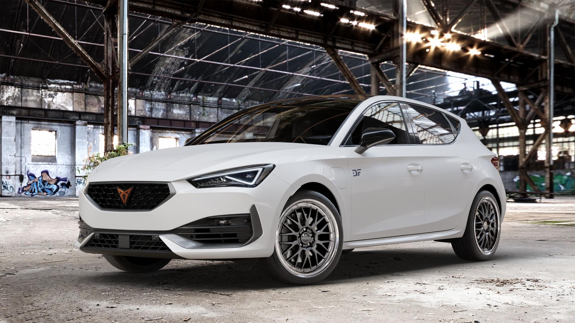 DOTZ BILBAO GUNMETAL/POLISHED LIP Felge mit Reifen grau silber mehrfarbig anthrazit in 18Zoll Winterfelge Alufelge auf weissem Cupra Leon Typ KL ⬇️ mit 15mm Tieferlegung ⬇️ Old Industrial Hall_max_4400mm_2024 Frontansicht_1