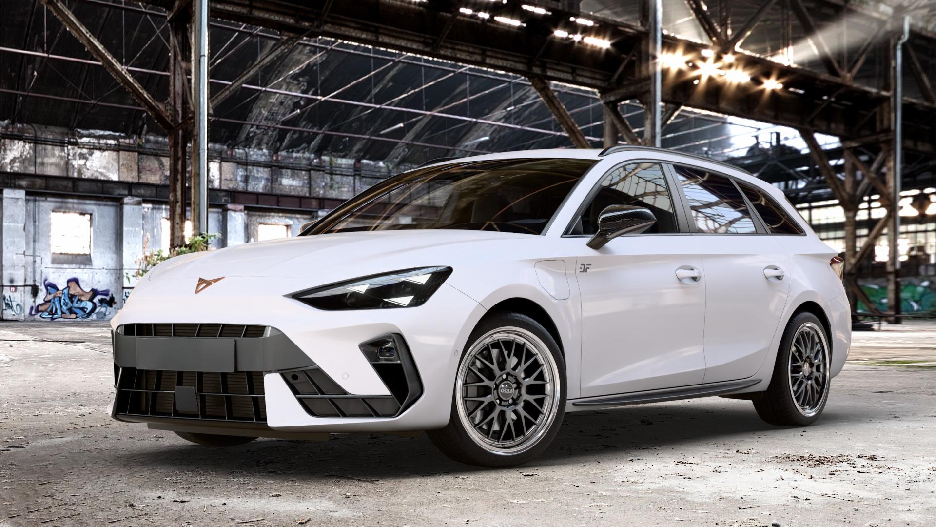 DOTZ BILBAO GUNMETAL/POLISHED LIP Felge mit Reifen grau silber mehrfarbig anthrazit in 18Zoll Winterfelge Alufelge auf weissem Cupra Leon Typ KL ST Facelift ⬇️ mit 15mm Tieferlegung ⬇️ Old Industrial Hall_max_4400mm_2024 Frontansicht_1