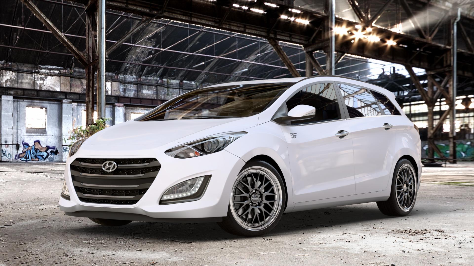 DOTZ BILBAO GUNMETAL/POLISHED LIP Felge mit Reifen grau silber mehrfarbig anthrazit in 18Zoll Winterfelge Alufelge auf weissem Hyundai i30 Typ FDH Kombi GDH Facelift ⬇️ mit 15mm Tieferlegung ⬇️ Old Industrial Hall_max_4400mm_2024 Frontansicht_1