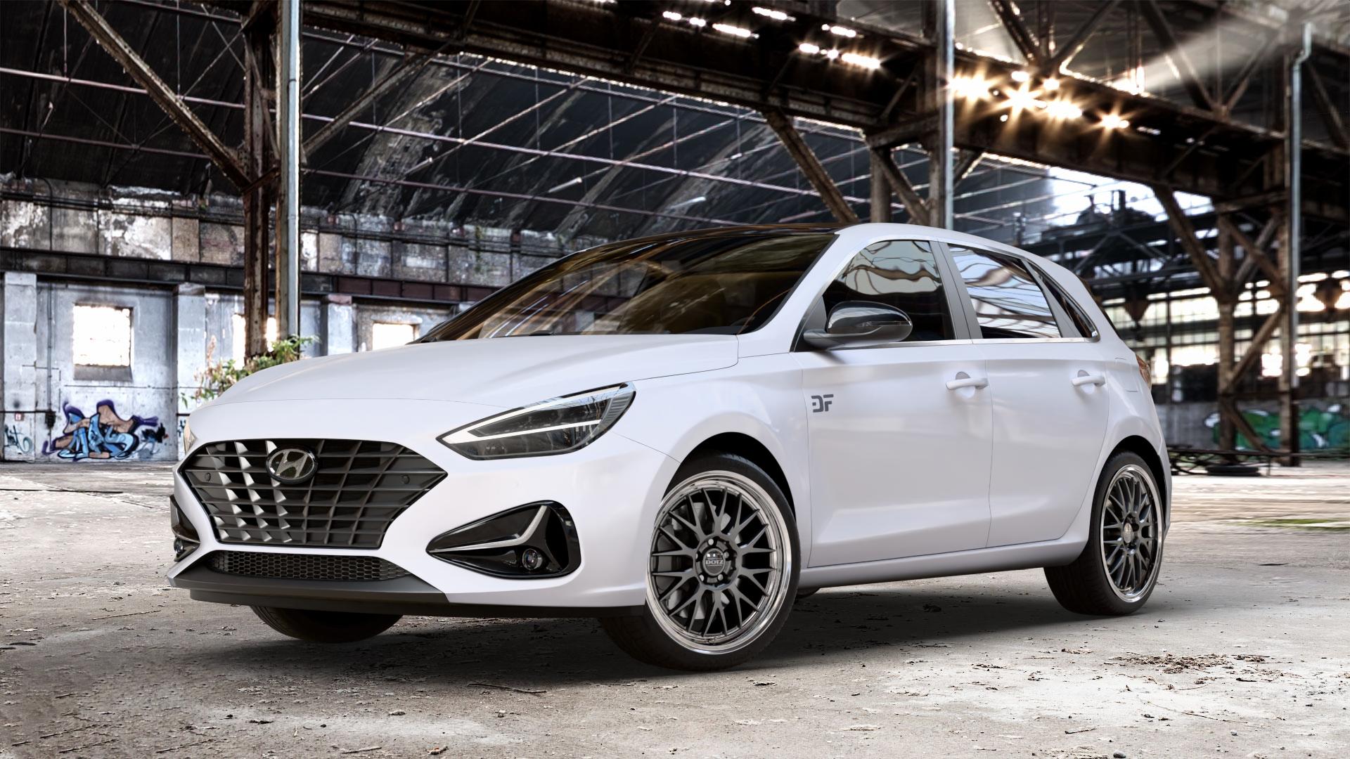 DOTZ BILBAO GUNMETAL/POLISHED LIP Felge mit Reifen grau silber mehrfarbig anthrazit in 18Zoll Winterfelge Alufelge auf weissem Hyundai i30 Typ PDE Facelift 1,0l T-GDI 88kW Mild-Hybrid (120 PS) 1,5l 117kW (159 81kW (110 1,6l CRDi 85kW (116 100kW (136 II ⬇️ mit 15mm Tieferlegung ⬇️ Old Industrial Hall_max_4400mm_2024 Frontansicht_1