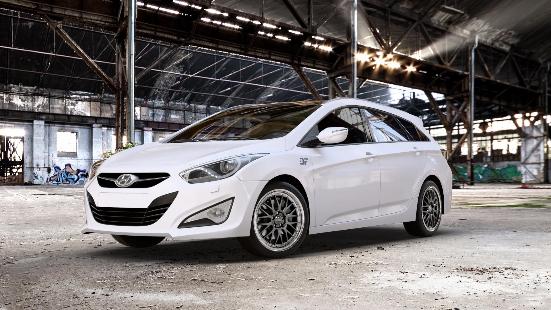 DOTZ BILBAO GUNMETAL/POLISHED LIP Felge mit Reifen grau silber mehrfarbig anthrazit in 18Zoll Winterfelge Alufelge auf weissem Hyundai i40 Typ VF Limousine Kombi Facelift ⬇️ mit 15mm Tieferlegung ⬇️ Old Industrial Hall_max_5300mm_2024 Frontansicht_1