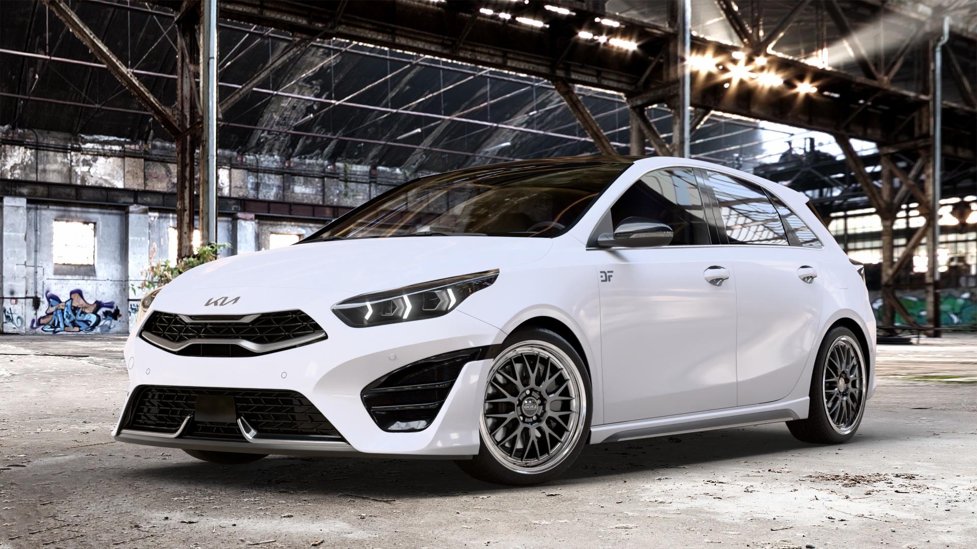 DOTZ BILBAO GUNMETAL/POLISHED LIP Felge mit Reifen grau silber mehrfarbig anthrazit in 18Zoll Winterfelge Alufelge auf weissem Kia Ceed Schrägheck Typ CD Facelift 1,0l T-GDI 88kW Mild-Hybrid (120 PS) 74kW (101 1,5l 118kW (160 1,6l 150kW GT (204 CRDi 100kW (136 103kW (140 ⬇️ mit 15mm Tieferlegung ⬇️ Old Industrial Hall_max_4400mm_2024 Frontansicht_1