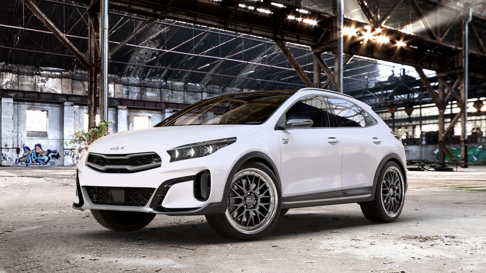 DOTZ BILBAO GUNMETAL/POLISHED LIP Felge mit Reifen grau silber mehrfarbig anthrazit in 18Zoll Winterfelge Alufelge auf weissem Kia XCeed Typ CD Facelift 1,0l T-GDI 88kW (120 PS) 1,5l 118kW Mild-Hybrid (160 1,6l GDI 77kW Hybrid (105 CRDi 100kW (136 150kW (204 103kW (140 ⬇️ mit 15mm Tieferlegung ⬇️ Old Industrial Hall_max_4400mm_2024 Frontansicht_1
