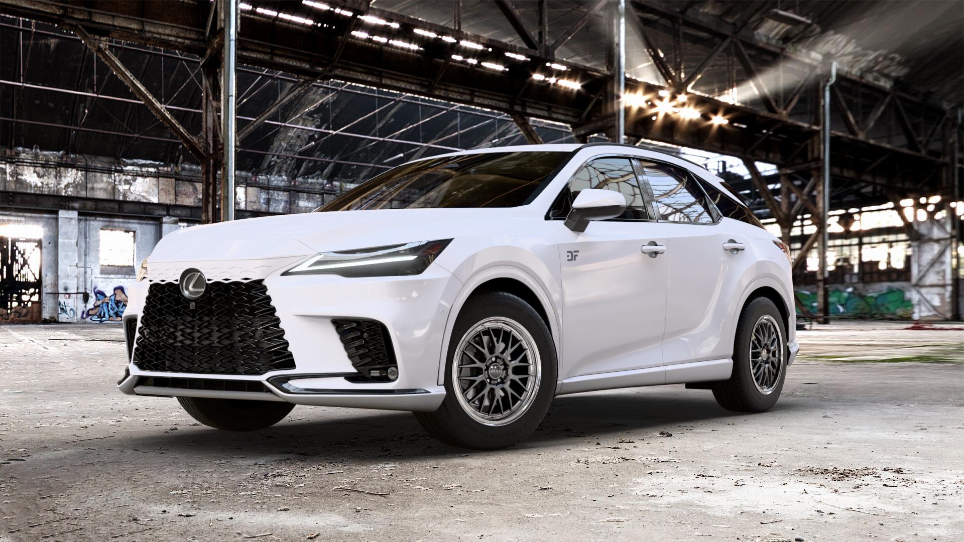 DOTZ BILBAO GUNMETAL/POLISHED LIP Felge mit Reifen grau silber mehrfarbig anthrazit in 18Zoll Winterfelge Alufelge auf weissem Lexus RX V Typ AL3(M) 2,5l 140kW RX350H AWD (190 PS) 136kW RX450H+ (185 2,4l 200kW RX500H (272 AL3(M)-TGRE ⬇️ mit 15mm Tieferlegung ⬇️ Old Industrial Hall_max_5300mm_2024 Frontansicht_1
