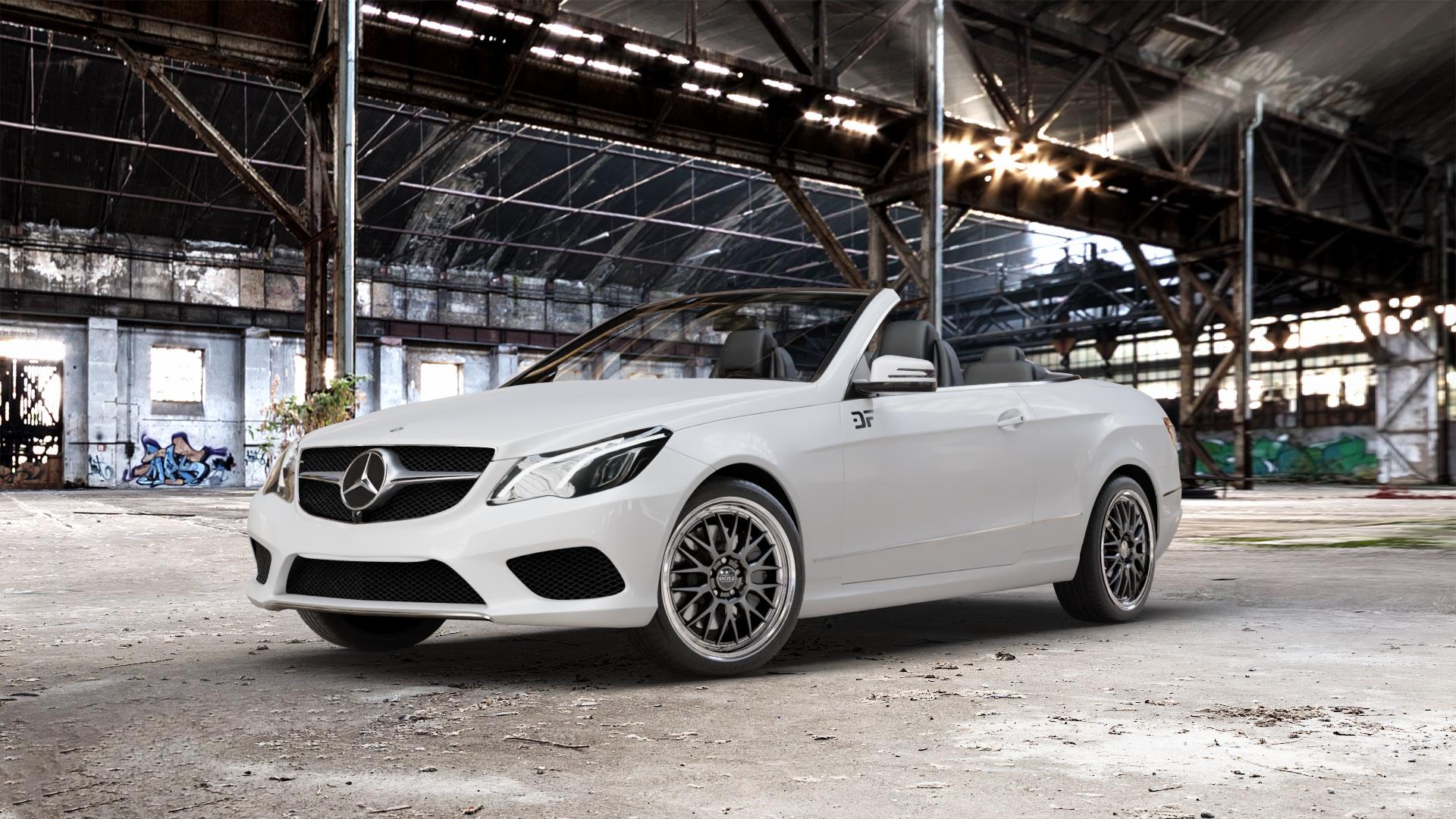 DOTZ BILBAO GUNMETAL/POLISHED LIP Felge mit Reifen grau silber mehrfarbig anthrazit in 18Zoll Winterfelge Alufelge auf weissem Mercedes E-Klasse Typ A207 Cabriolet Facelift Cabrio ⬇️ mit 15mm Tieferlegung ⬇️ Old Industrial Hall_max_5300mm_2024 Frontansicht_1
