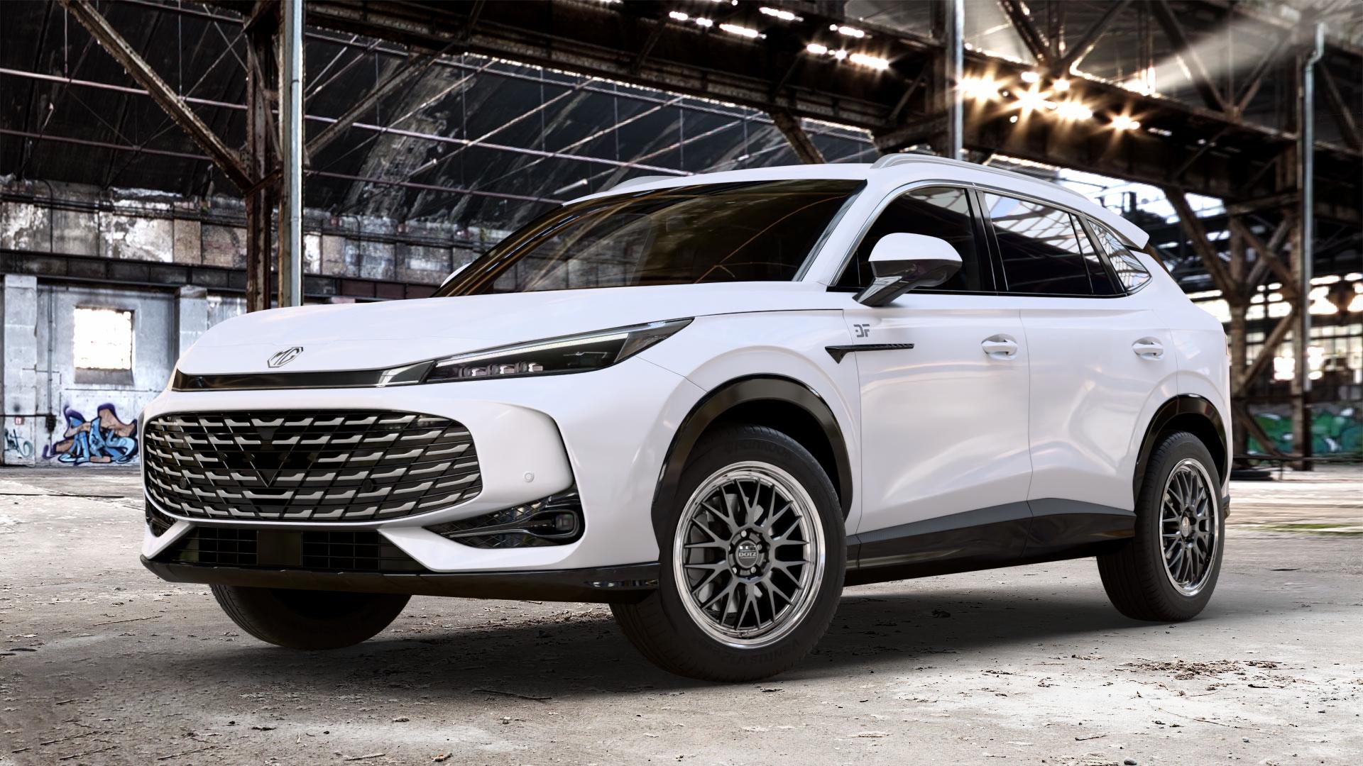 DOTZ BILBAO GUNMETAL/POLISHED LIP Felge mit Reifen grau silber mehrfarbig anthrazit in 18Zoll Winterfelge Alufelge auf weissem MG HS Typ AS3A 1,5l T 125kW (170 PS) PHEV 105kW (143 ⬇️ mit 15mm Tieferlegung ⬇️ Old Industrial Hall_max_4400mm_2024 Frontansicht_1