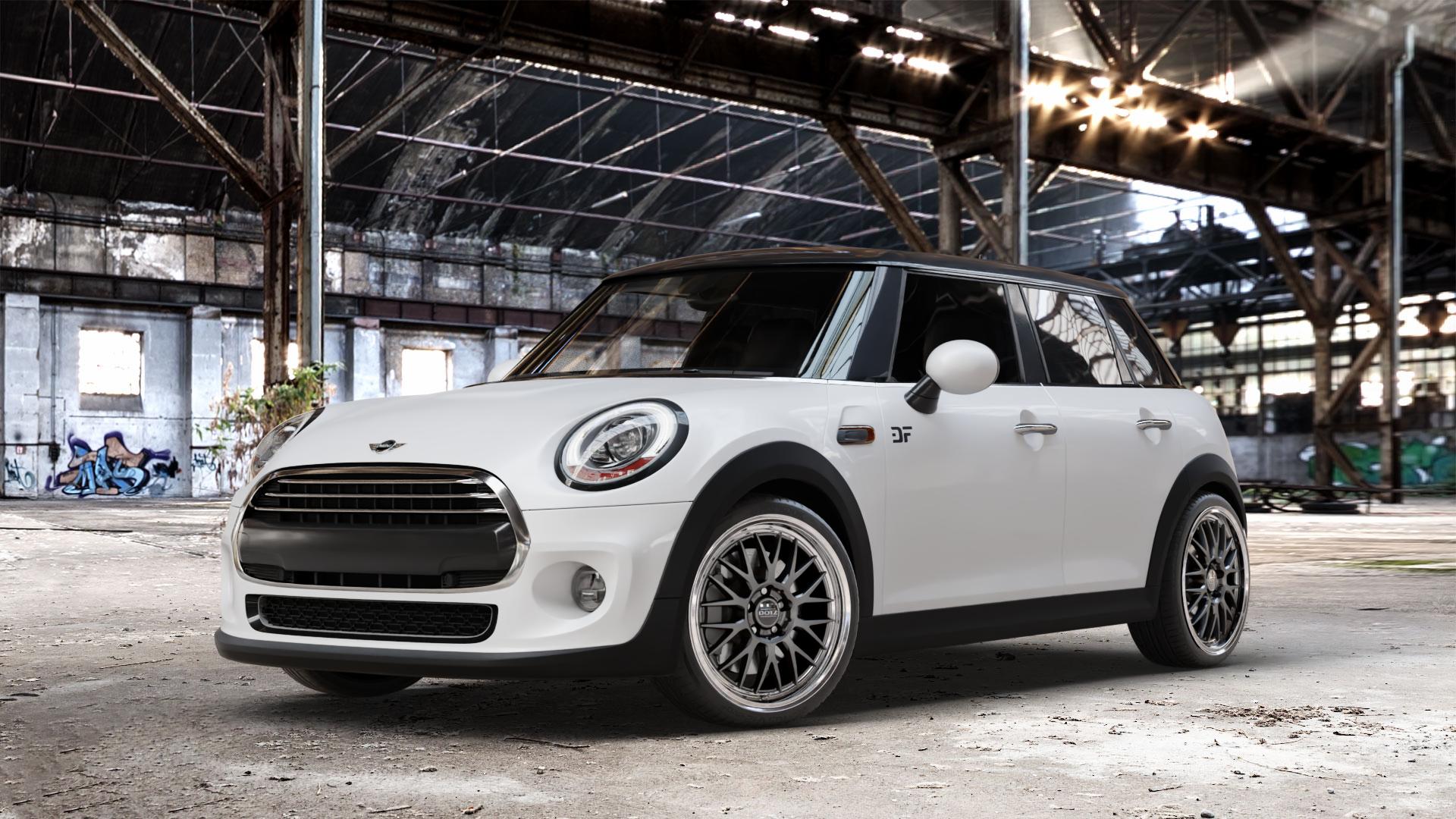 DOTZ BILBAO GUNMETAL/POLISHED LIP Felge mit Reifen grau silber mehrfarbig anthrazit in 18Zoll Winterfelge Alufelge auf weissem Mini F55 Typ UKL-L (5-Türer Limousine) FML4 ⬇️ mit 15mm Tieferlegung ⬇️ Old Industrial Hall_max_4400mm_2024 Frontansicht_1