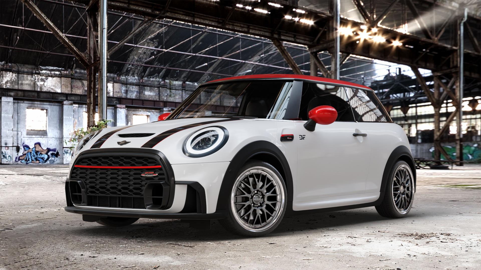 DOTZ BILBAO GUNMETAL/POLISHED LIP Felge mit Reifen grau silber mehrfarbig anthrazit in 18Zoll Winterfelge Alufelge auf weissem Mini F56 Typ FML2 (3-Türer Limousine) Facelift 21-> 2,0l Cooper S 131kW (178 PS) 120kW (163 JCW 170kW (231 ⬇️ mit 15mm Tieferlegung ⬇️ Old Industrial Hall_max_4400mm_2024 Frontansicht_1