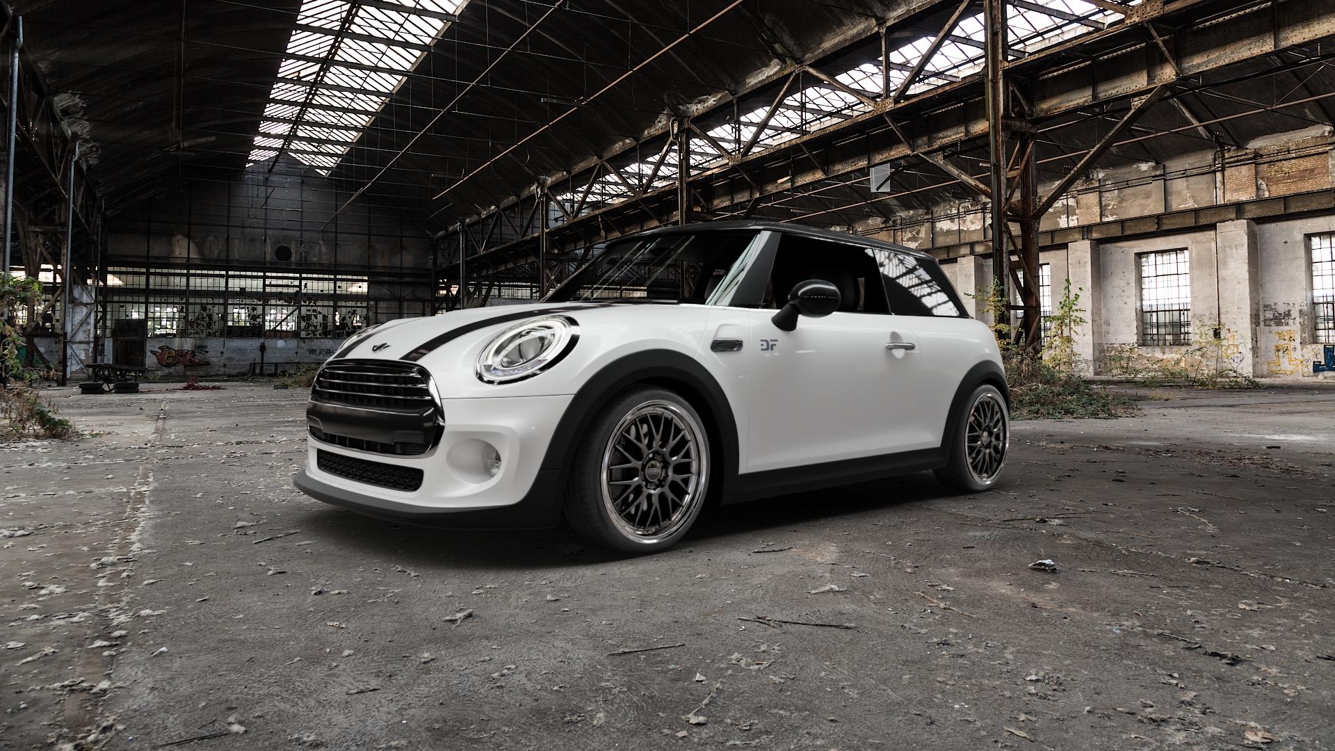 DOTZ BILBAO GUNMETAL/POLISHED LIP Felge mit Reifen grau silber mehrfarbig anthrazit in 18Zoll Winterfelge Alufelge auf weissem Mini F56 Typ UKL-L (3-Türer Limousine) ⬇️ mit 15mm Tieferlegung ⬇️ Old Industrial Hall_max5000mm_2022 Frontansicht_1