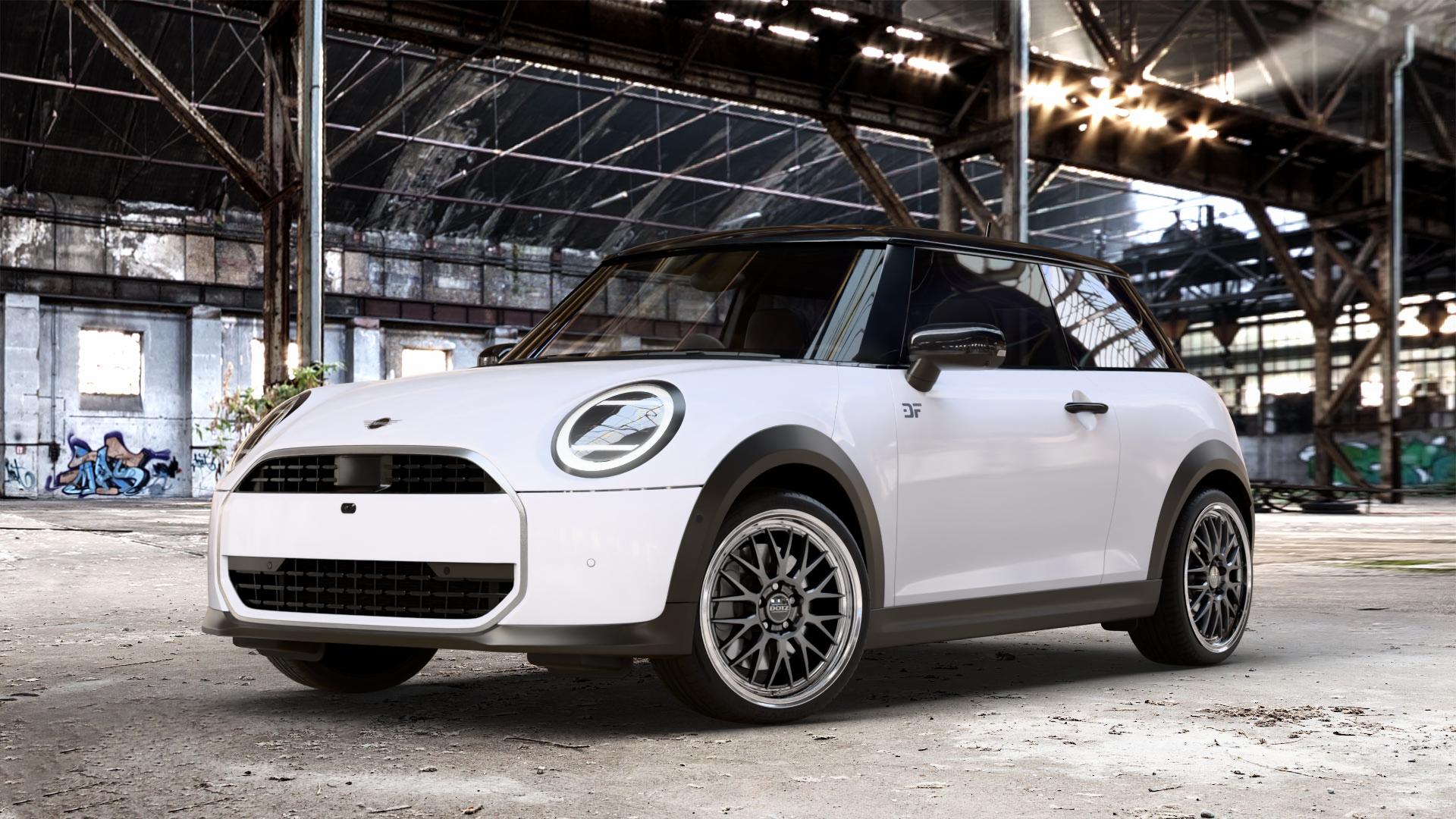 DOTZ BILBAO GUNMETAL/POLISHED LIP Felge mit Reifen grau silber mehrfarbig anthrazit in 18Zoll Winterfelge Alufelge auf weissem Mini F66 Typ FM6 (3-Türer Limousine) 1,5l Cooper C 100kW (136 PS) 115kW (156 2,0l S 150kW (204 JCW 170kW (231 ⬇️ mit 15mm Tieferlegung ⬇️ Old Industrial Hall_max_4400mm_2024 Frontansicht_1
