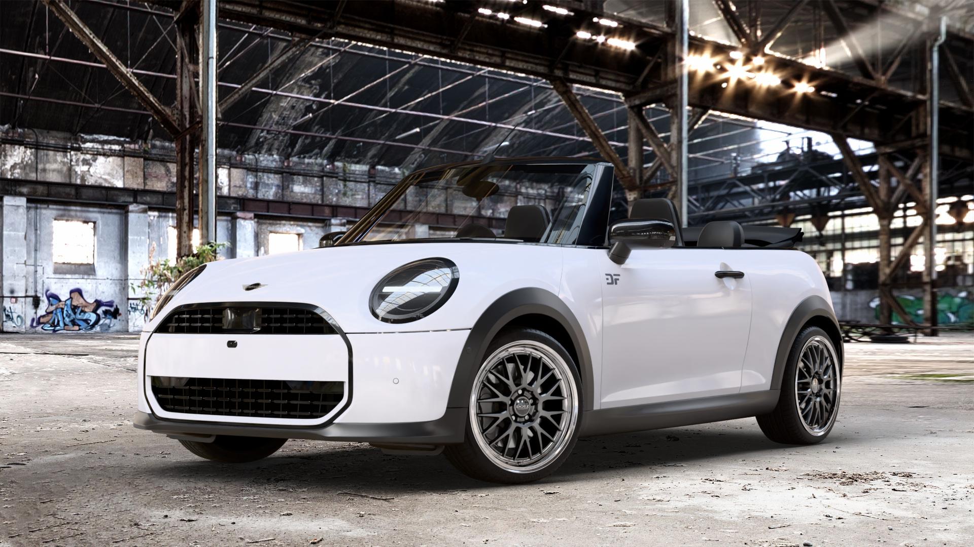 DOTZ BILBAO GUNMETAL/POLISHED LIP Felge mit Reifen grau silber mehrfarbig anthrazit in 18Zoll Winterfelge Alufelge auf weissem Mini F67 Typ FM6 (Cabrio) 2,0l Cooper 120kW (163 PS) S 150kW (204 JCW 170kW (231 ⬇️ mit 15mm Tieferlegung ⬇️ Old Industrial Hall_max_4400mm_2024 Frontansicht_1