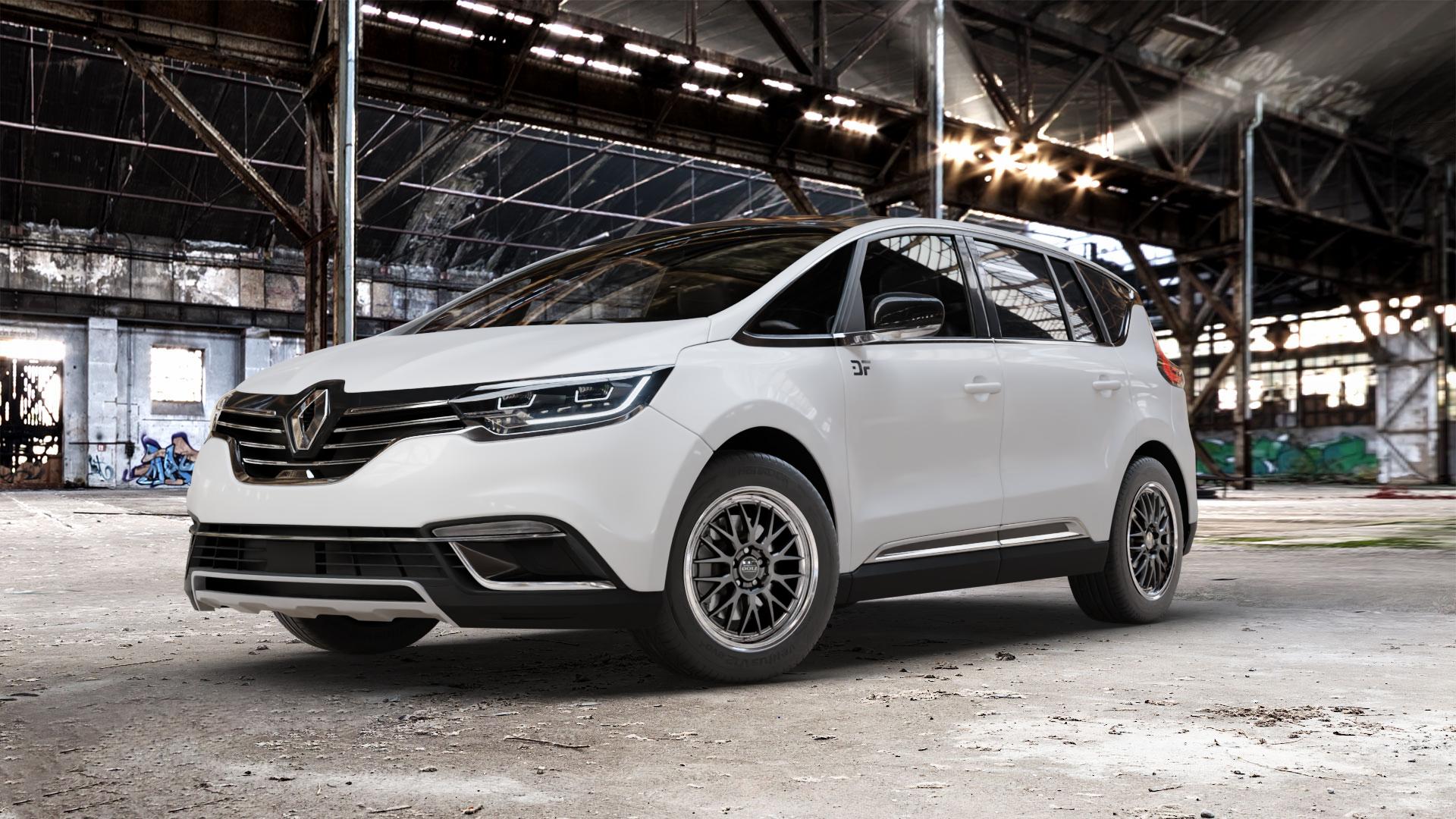DOTZ BILBAO GUNMETAL/POLISHED LIP Felge mit Reifen grau silber mehrfarbig anthrazit in 18Zoll Winterfelge Alufelge auf weissem Renault Espace V Typ RFC Facelift ⬇️ mit 15mm Tieferlegung ⬇️ Old Industrial Hall_max_5300mm_2024 Frontansicht_1