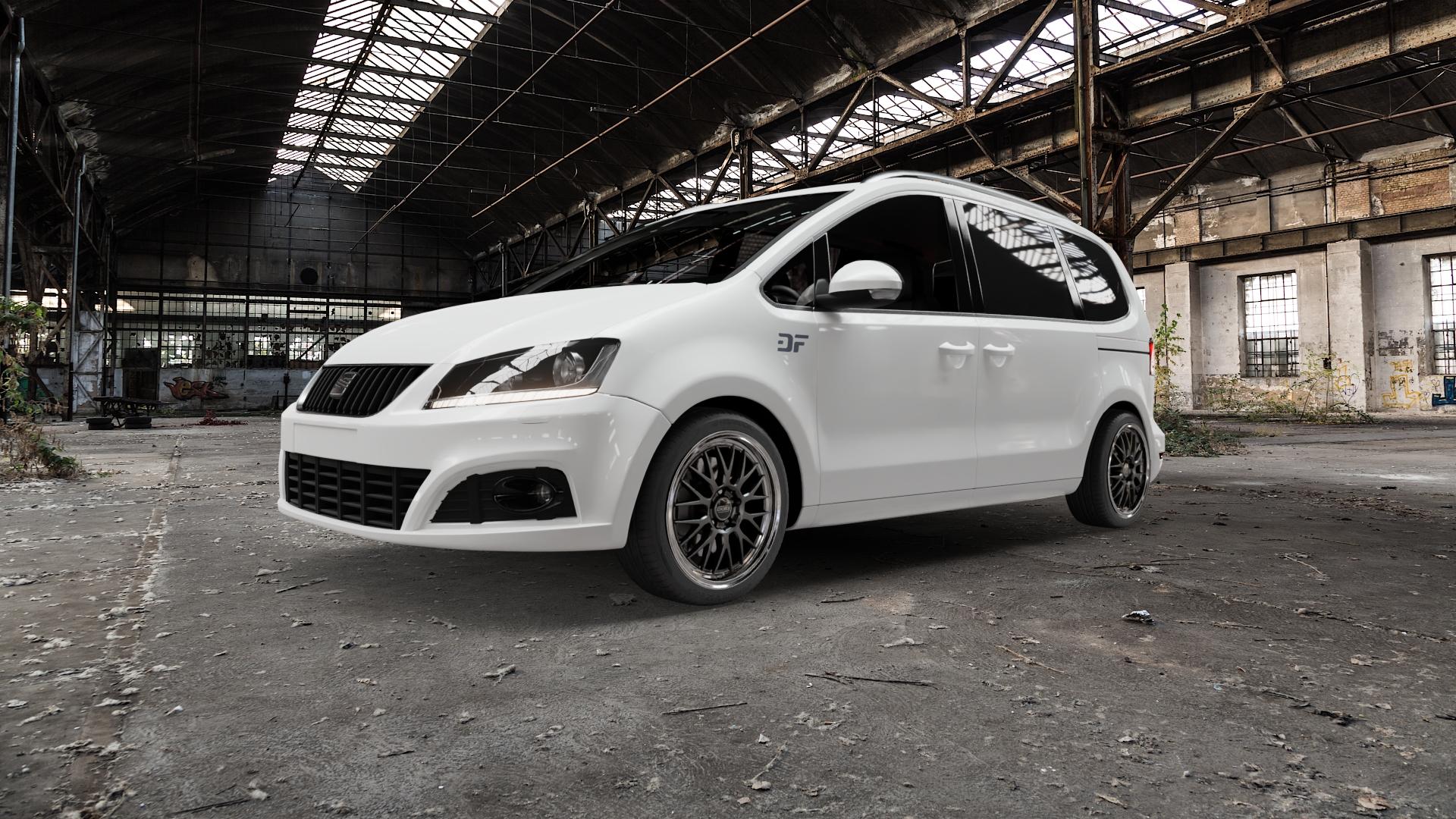 DOTZ BILBAO GUNMETAL/POLISHED LIP Felge mit Reifen grau silber mehrfarbig anthrazit in 18Zoll Winterfelge Alufelge auf weissem Seat Alhambra II Typ 7N ⬇️ mit 15mm Tieferlegung ⬇️ Old Industrial Hall_max5000mm_2022 Frontansicht_1