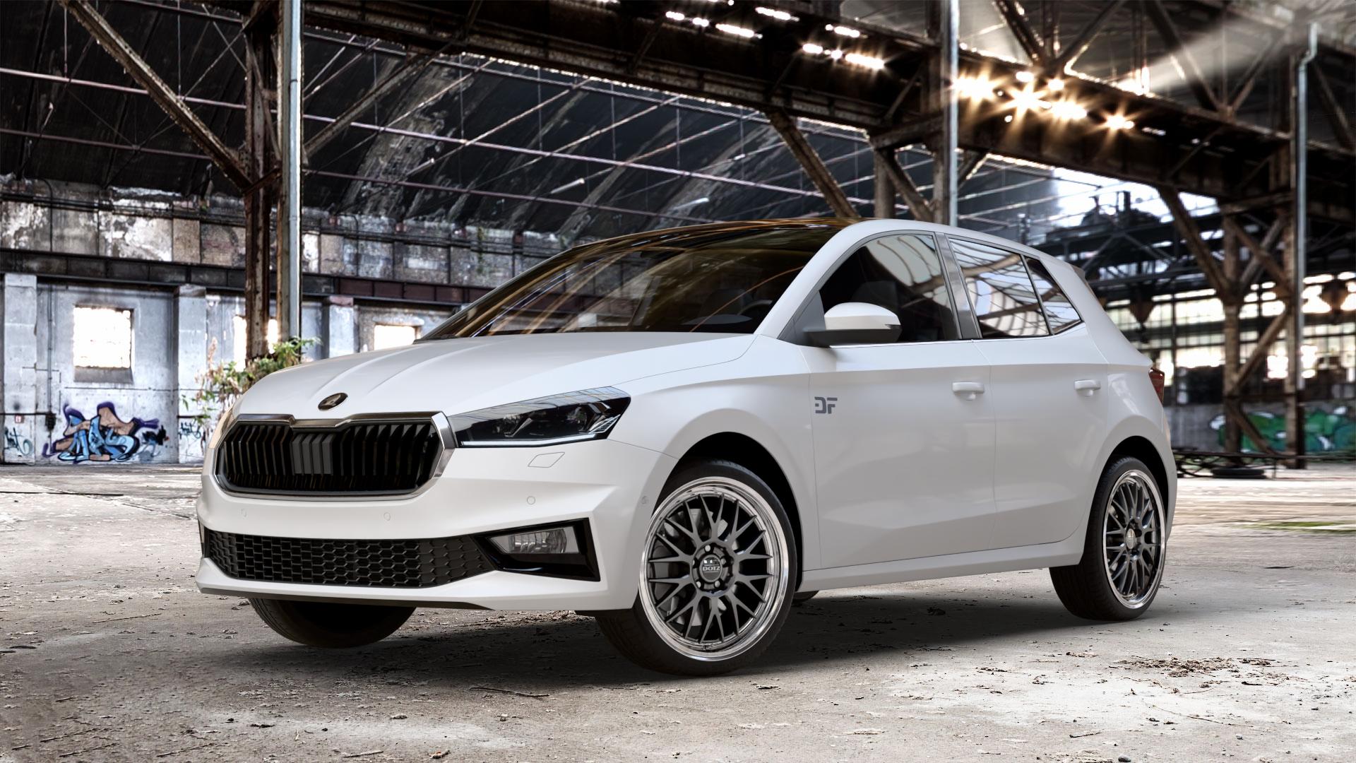 DOTZ BILBAO GUNMETAL/POLISHED LIP Felge mit Reifen grau silber mehrfarbig anthrazit in 18Zoll Winterfelge Alufelge auf weissem Skoda Fabia IV Typ PJ ⬇️ mit 15mm Tieferlegung ⬇️ Old Industrial Hall_max_4400mm_2024 Frontansicht_1