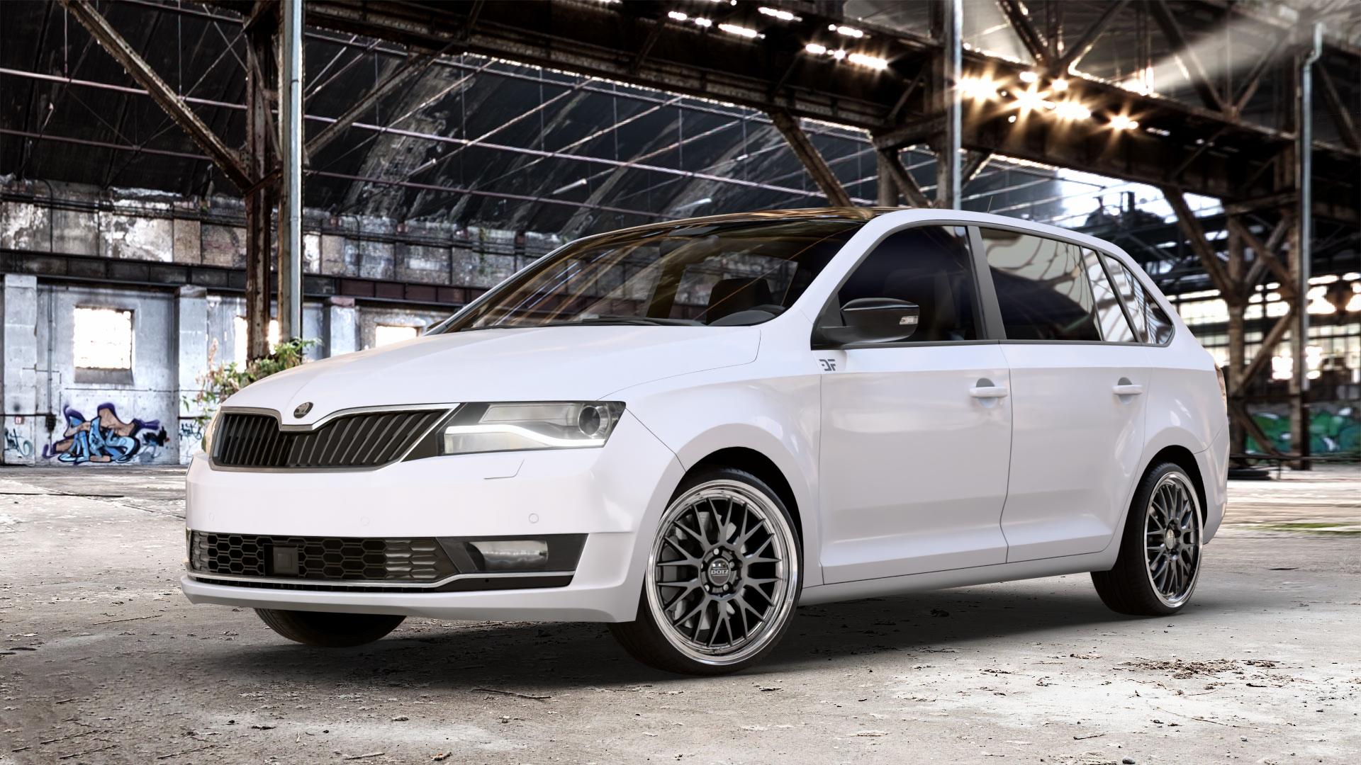 DOTZ BILBAO GUNMETAL/POLISHED LIP Felge mit Reifen grau silber mehrfarbig anthrazit in 18Zoll Winterfelge Alufelge auf weissem Skoda Rapid Spaceback Typ NH Facelift ⬇️ mit 15mm Tieferlegung ⬇️ Old Industrial Hall_max_4400mm_2024 Frontansicht_1