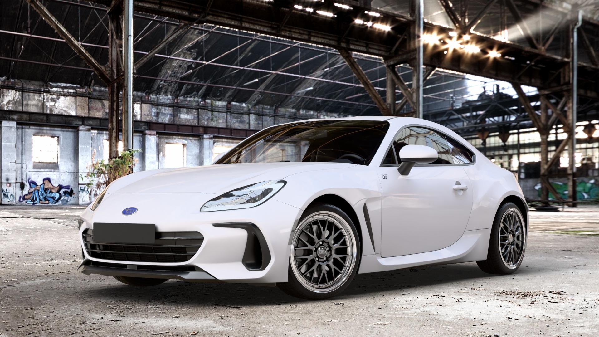 DOTZ BILBAO GUNMETAL/POLISHED LIP Felge mit Reifen grau silber mehrfarbig anthrazit in 18Zoll Winterfelge Alufelge auf weissem Subaru BRZ Typ Z2 2,4l 172kW (234 PS) ⬇️ mit 15mm Tieferlegung ⬇️ Old Industrial Hall_max_4400mm_2024 Frontansicht_1